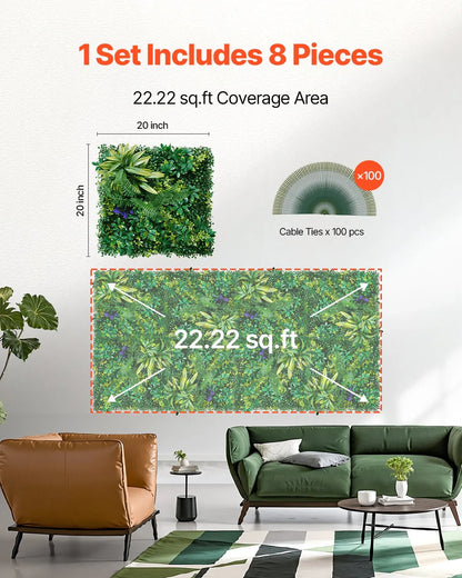 VEVOR Artificial Grass Wall Panels, 8 PCS 20 x 20 inch, 3D Combination Greenery Boxwood Panel for Indoor Outdoor Green Decor & Ivy Fence Covering, Privacy Backdrop Wall Hedge Screen for Garden - Mekamart Australia