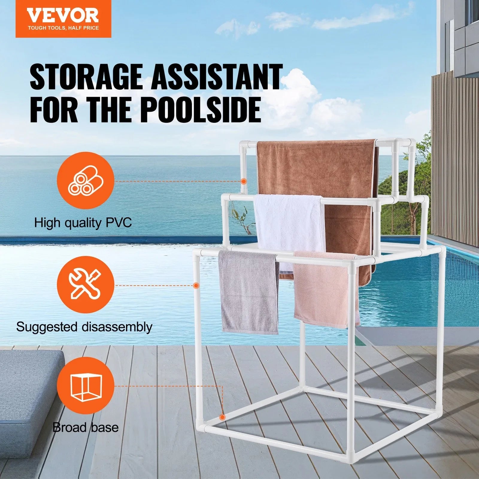 VEVOR Towel Rack 8-Bar Outdoor PVC Towel Holder for Poolside Spa Bathroom White - Mekamart Australia