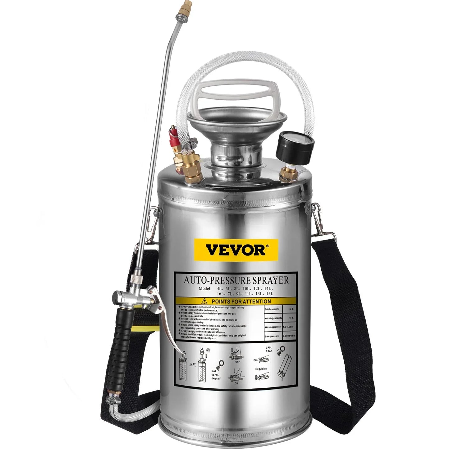 VEVOR 1.5Gal Stainless Steel Sprayer, Set with 16" Wand& Handle& 3.3FT Reinforced Hose, Hand Pump Sprayer with Pressure Gauge&Safety Valve, Adjustable Nozzle Suitable for Gardening& Sanitizing - Mekamart Australia