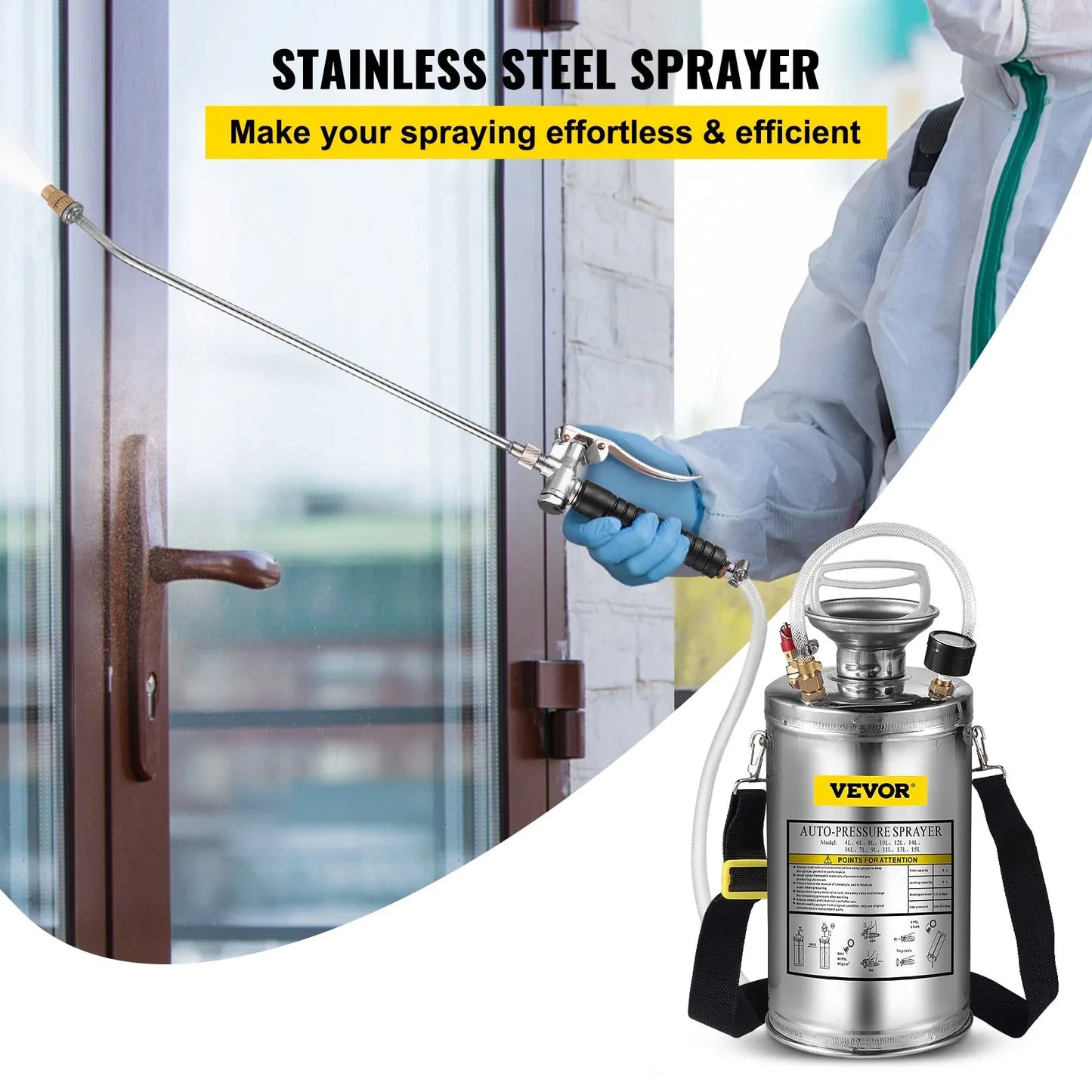 VEVOR 1.5Gal Stainless Steel Sprayer, Set with 16" Wand& Handle& 3.3FT Reinforced Hose, Hand Pump Sprayer with Pressure Gauge&Safety Valve, Adjustable Nozzle Suitable for Gardening& Sanitizing - Mekamart Australia