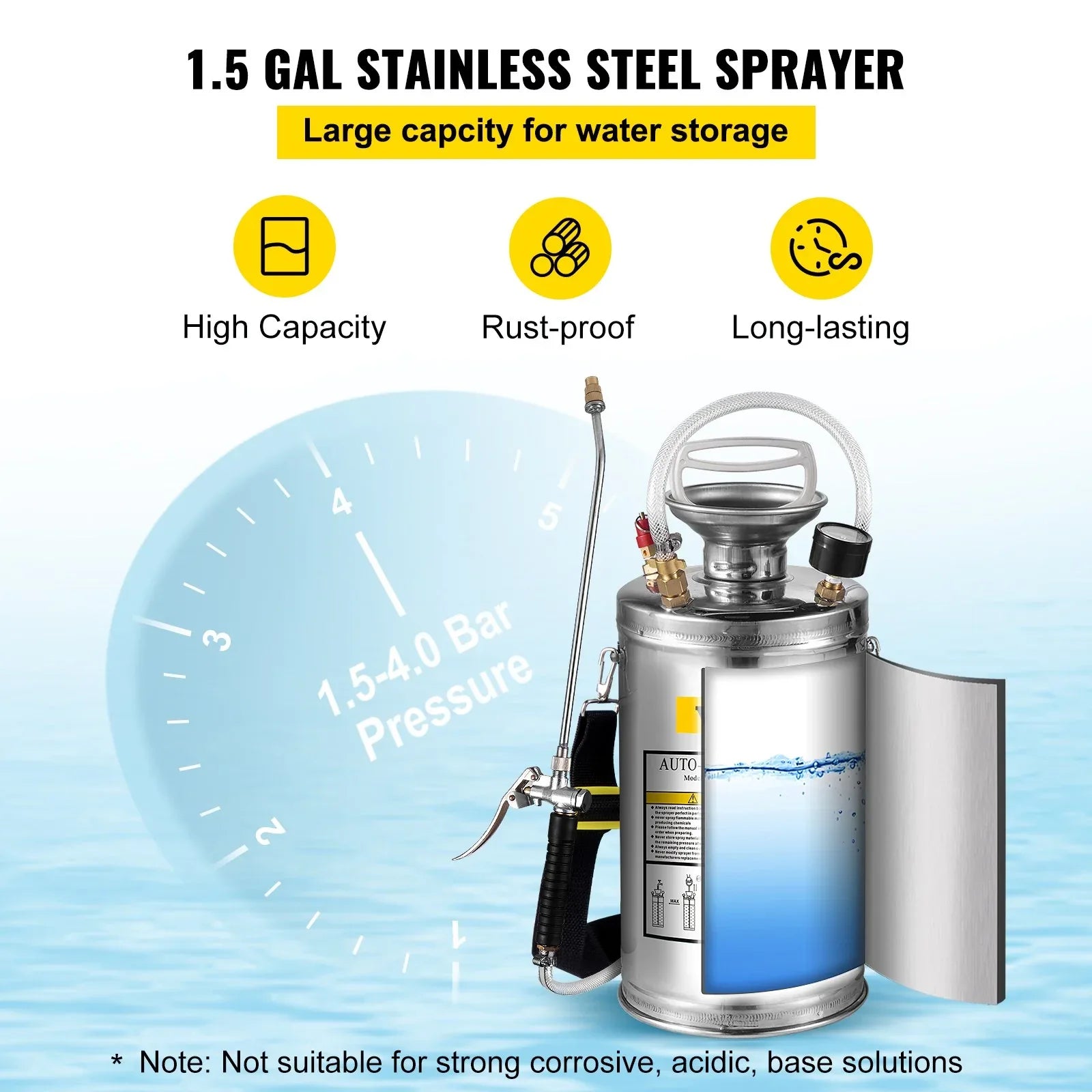VEVOR 1.5Gal Stainless Steel Sprayer, Set with 16" Wand& Handle& 3.3FT Reinforced Hose, Hand Pump Sprayer with Pressure Gauge&Safety Valve, Adjustable Nozzle Suitable for Gardening& Sanitizing - Mekamart Australia