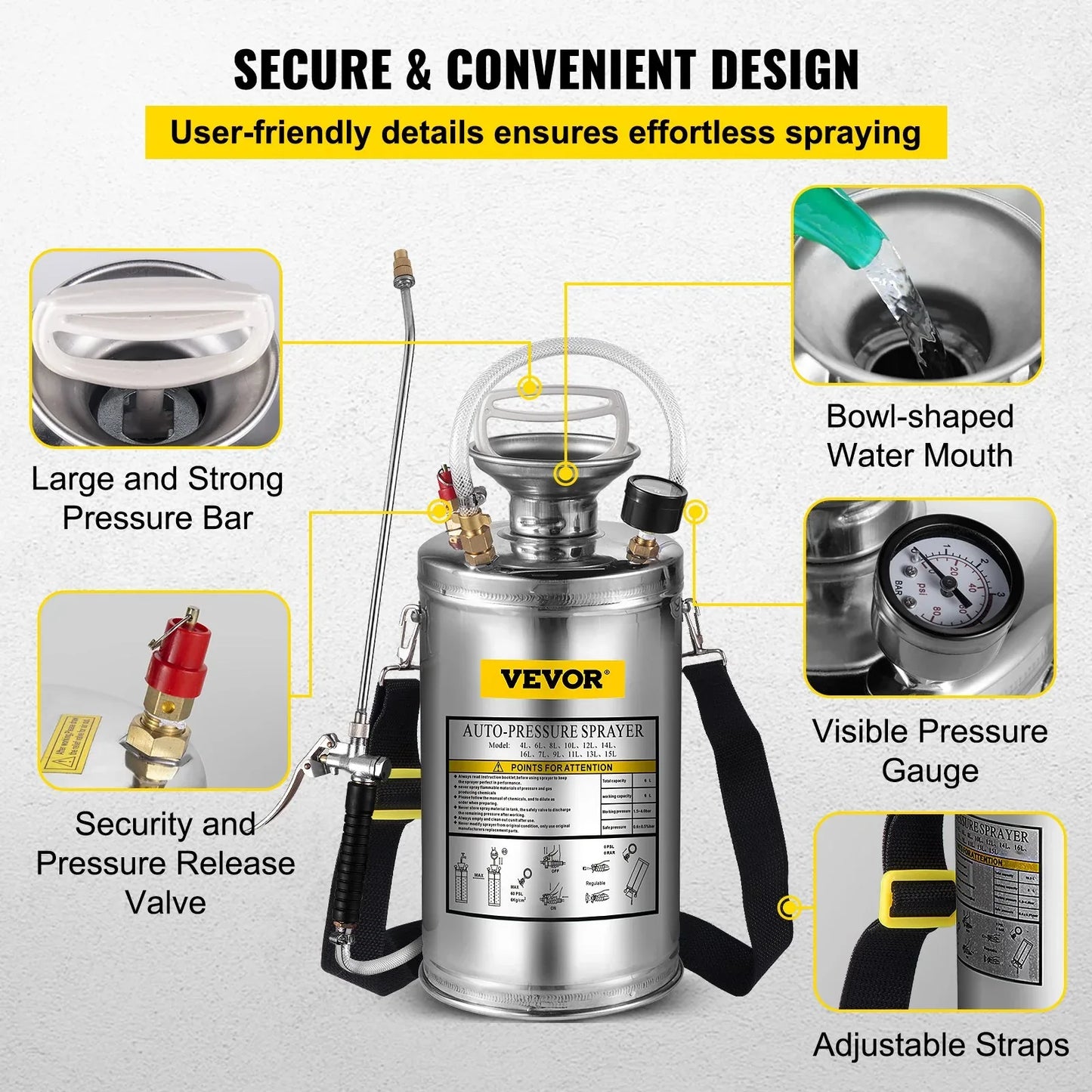 VEVOR 1.5Gal Stainless Steel Sprayer, Set with 16" Wand& Handle& 3.3FT Reinforced Hose, Hand Pump Sprayer with Pressure Gauge&Safety Valve, Adjustable Nozzle Suitable for Gardening& Sanitizing - Mekamart Australia