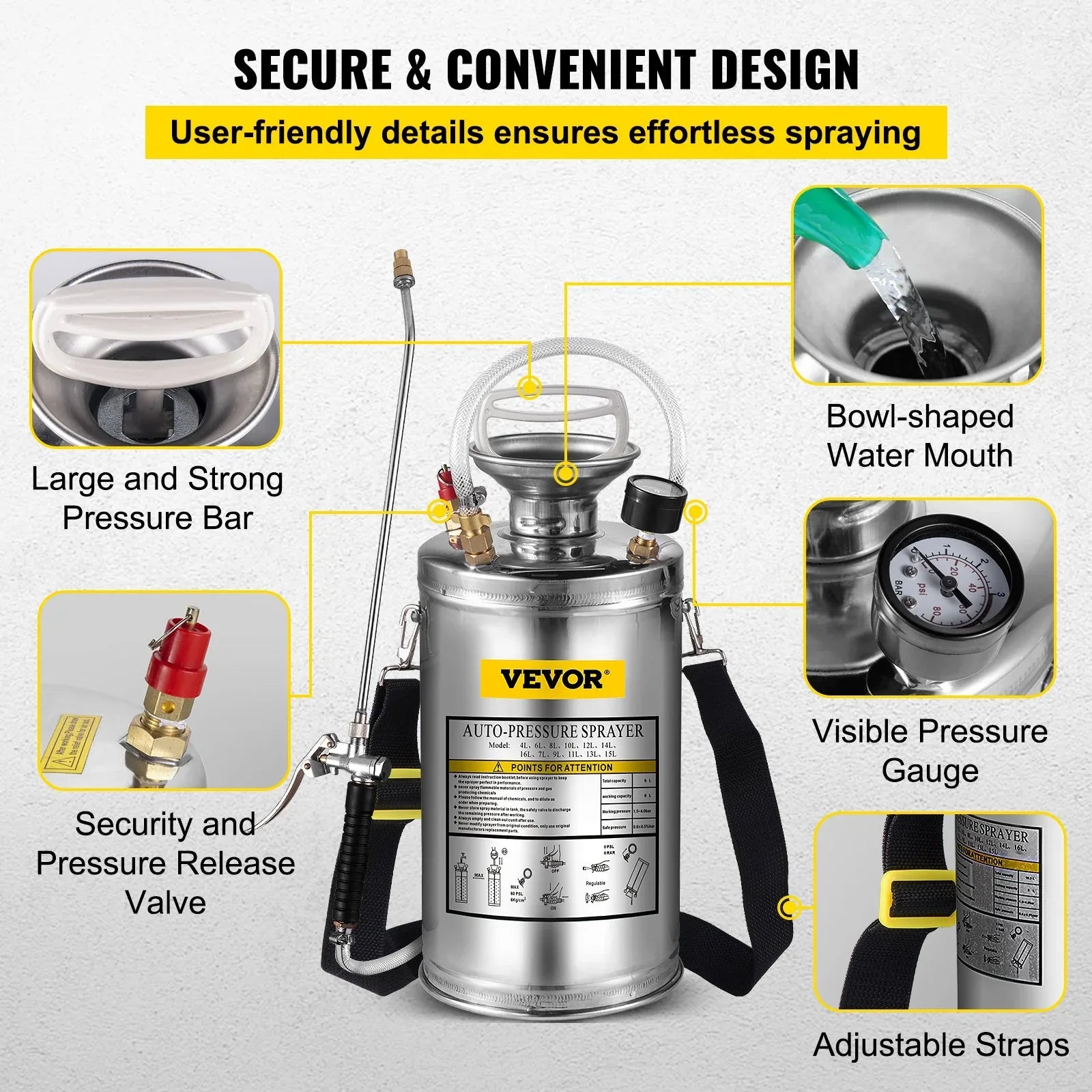 VEVOR 1.5Gal Stainless Steel Sprayer, Set with 16" Wand& Handle& 3.3FT Reinforced Hose, Hand Pump Sprayer with Pressure Gauge&Safety Valve, Adjustable Nozzle Suitable for Gardening& Sanitizing - Mekamart Australia