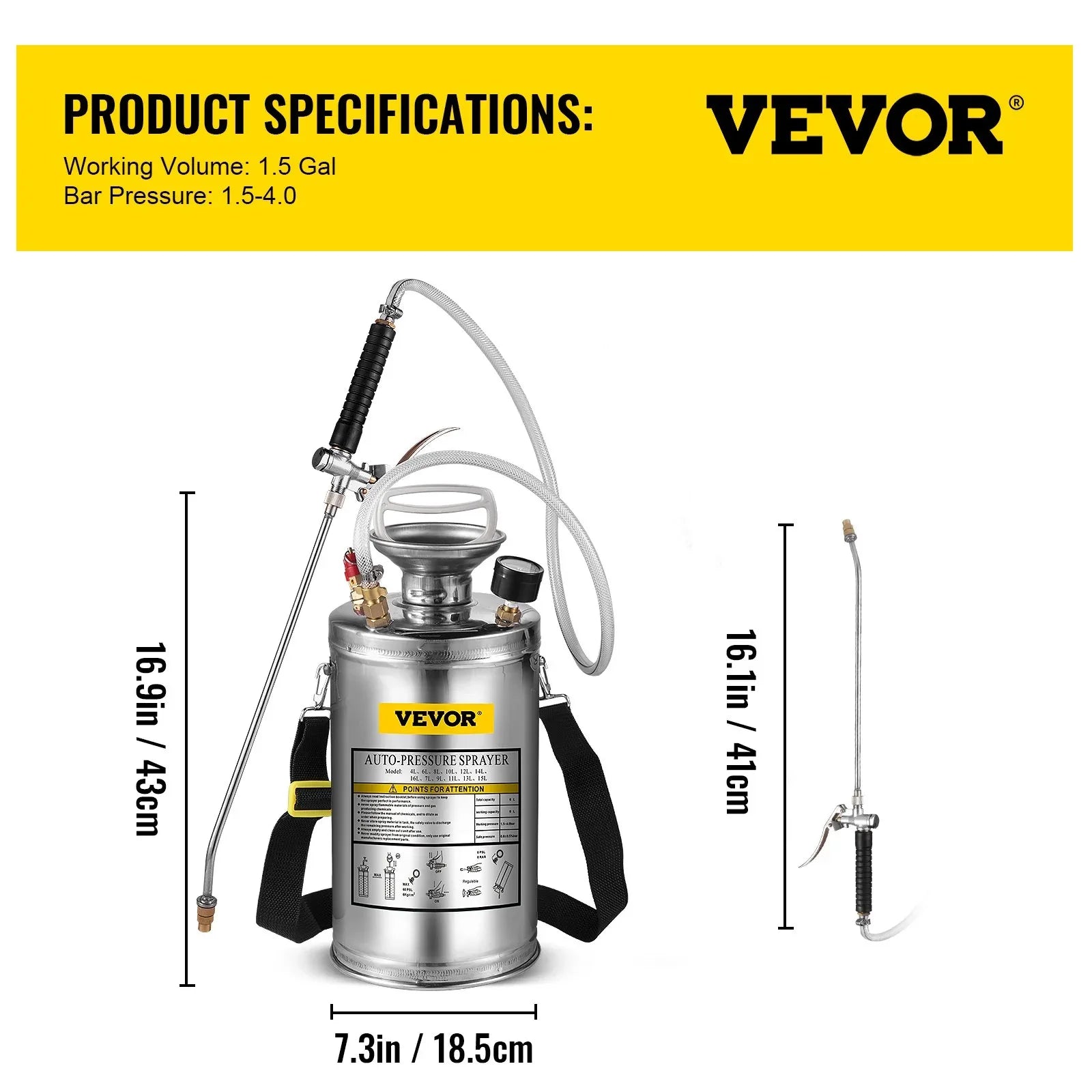 VEVOR 1.5Gal Stainless Steel Sprayer, Set with 16" Wand& Handle& 3.3FT Reinforced Hose, Hand Pump Sprayer with Pressure Gauge&Safety Valve, Adjustable Nozzle Suitable for Gardening& Sanitizing - Mekamart Australia