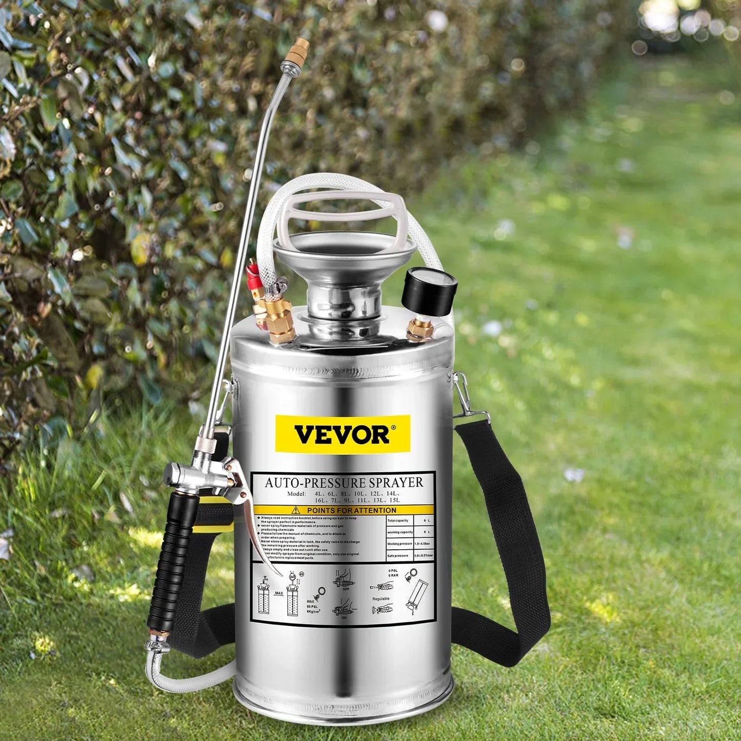 VEVOR 1.5Gal Stainless Steel Sprayer, Set with 16" Wand& Handle& 3.3FT Reinforced Hose, Hand Pump Sprayer with Pressure Gauge&Safety Valve, Adjustable Nozzle Suitable for Gardening& Sanitizing - Mekamart Australia