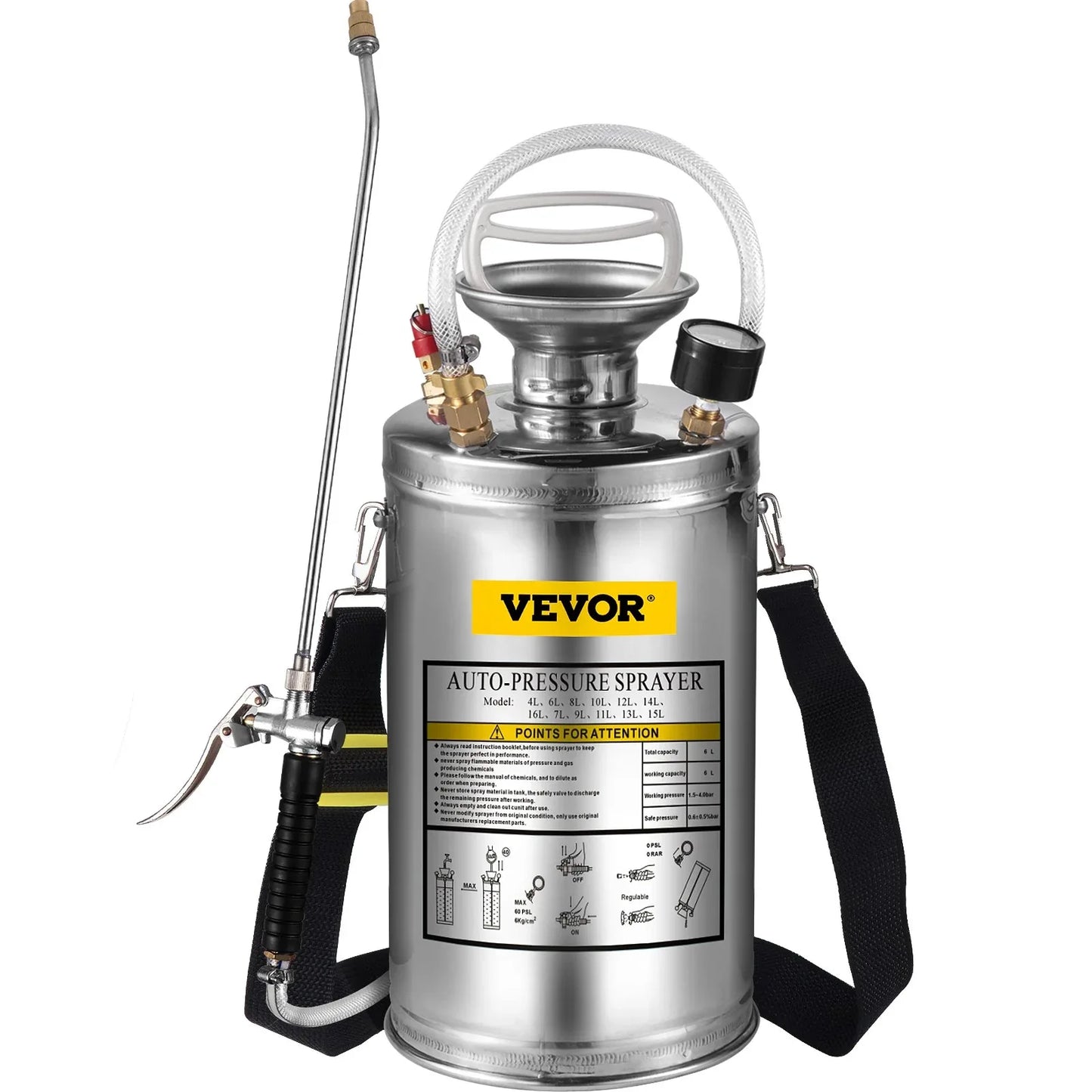 VEVOR 1.5Gal Stainless Steel Sprayer, Set with 16" Wand& Handle& 3.3FT Reinforced Hose, Hand Pump Sprayer with Pressure Gauge&Safety Valve, Adjustable Nozzle Suitable for Gardening& Sanitizing - Mekamart Australia
