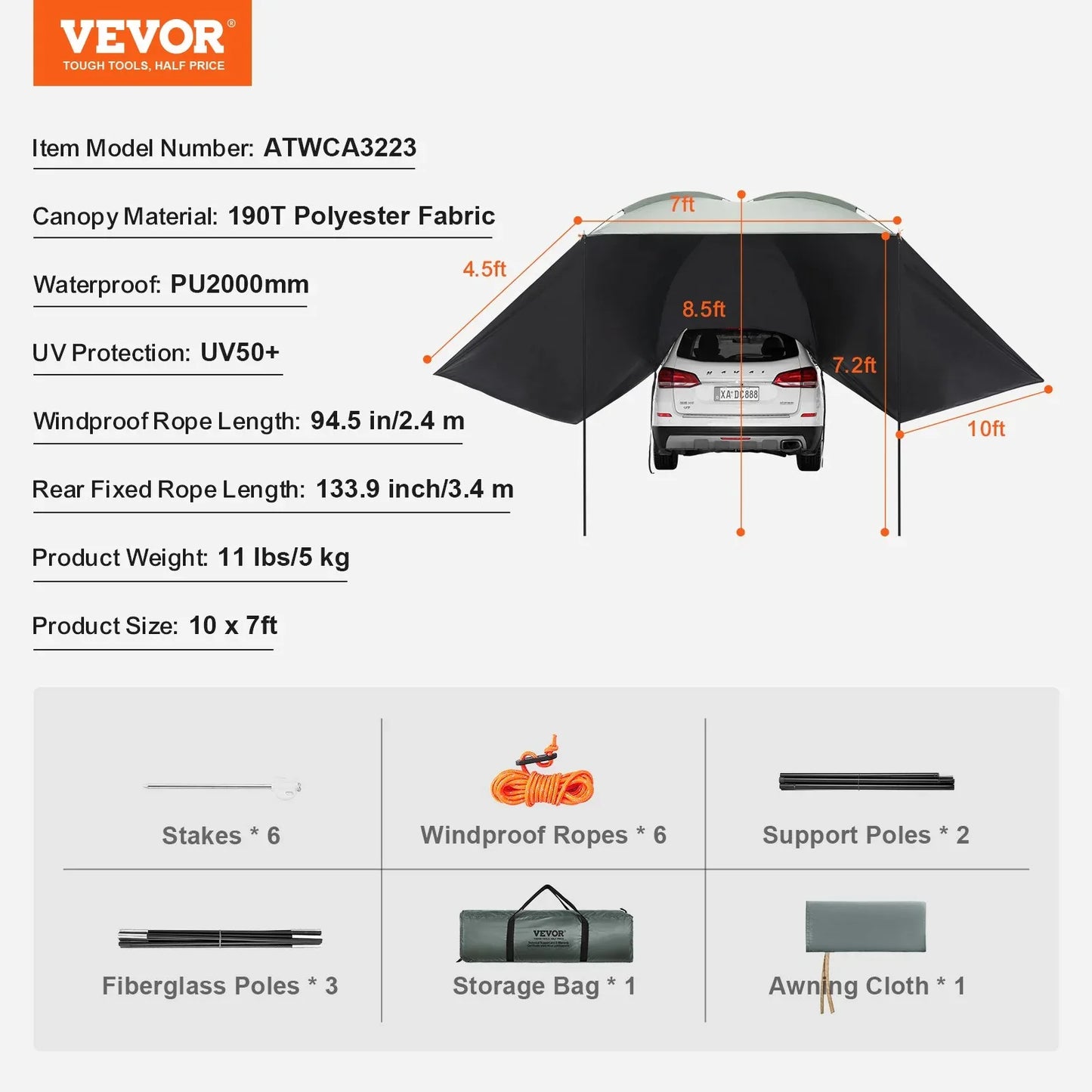 VEVOR Vehicle Awning, Large 10' x 7' Shade Coverage Car Side Awning, PU2000mm UV50+ Car Awning with Extended Side Canopies and Portable Storage Bag, Suitable for Truck, SUV, Van, Campers - Mekamart Australia