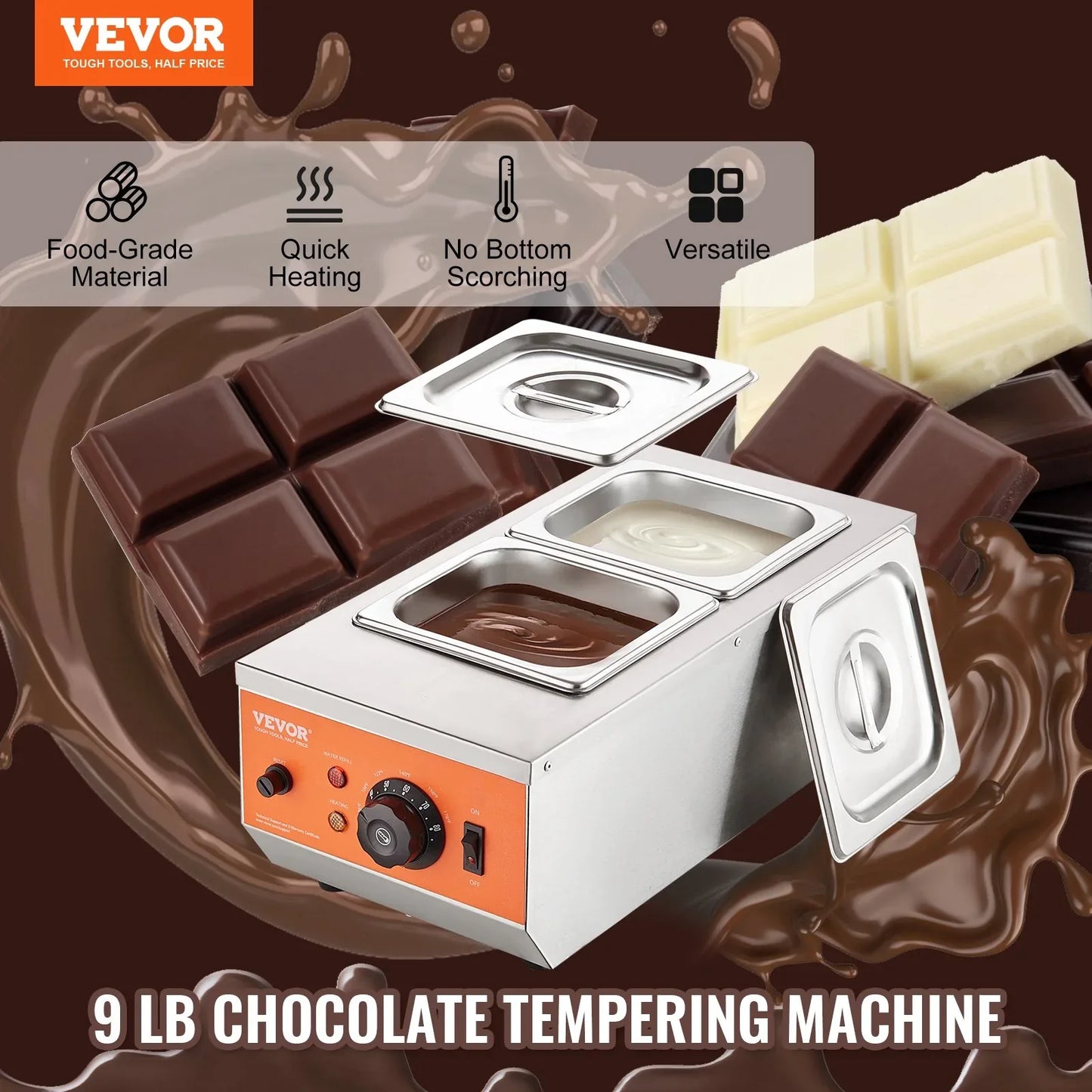VEVOR Chocolate Tempering Machine, 2 Tanks Chocolate Melting Pot with TEMP Control, 800W Stainless Steel Electric Commercial Food Warmer For Chocolate/Milk/Cream Melting and Heating - Mekamart Australia