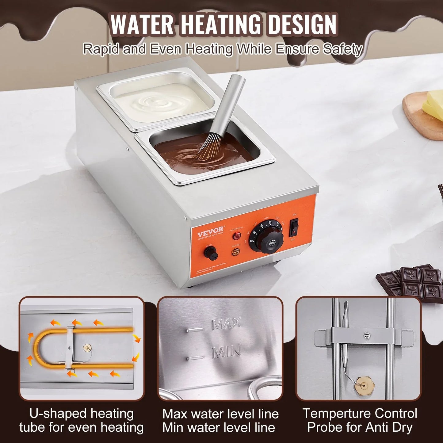 VEVOR Chocolate Tempering Machine, 2 Tanks Chocolate Melting Pot with TEMP Control, 800W Stainless Steel Electric Commercial Food Warmer For Chocolate/Milk/Cream Melting and Heating - Mekamart Australia