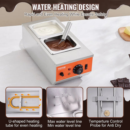 VEVOR Chocolate Tempering Machine, 2 Tanks Chocolate Melting Pot with TEMP Control, 800W Stainless Steel Electric Commercial Food Warmer For Chocolate/Milk/Cream Melting and Heating - Mekamart Australia