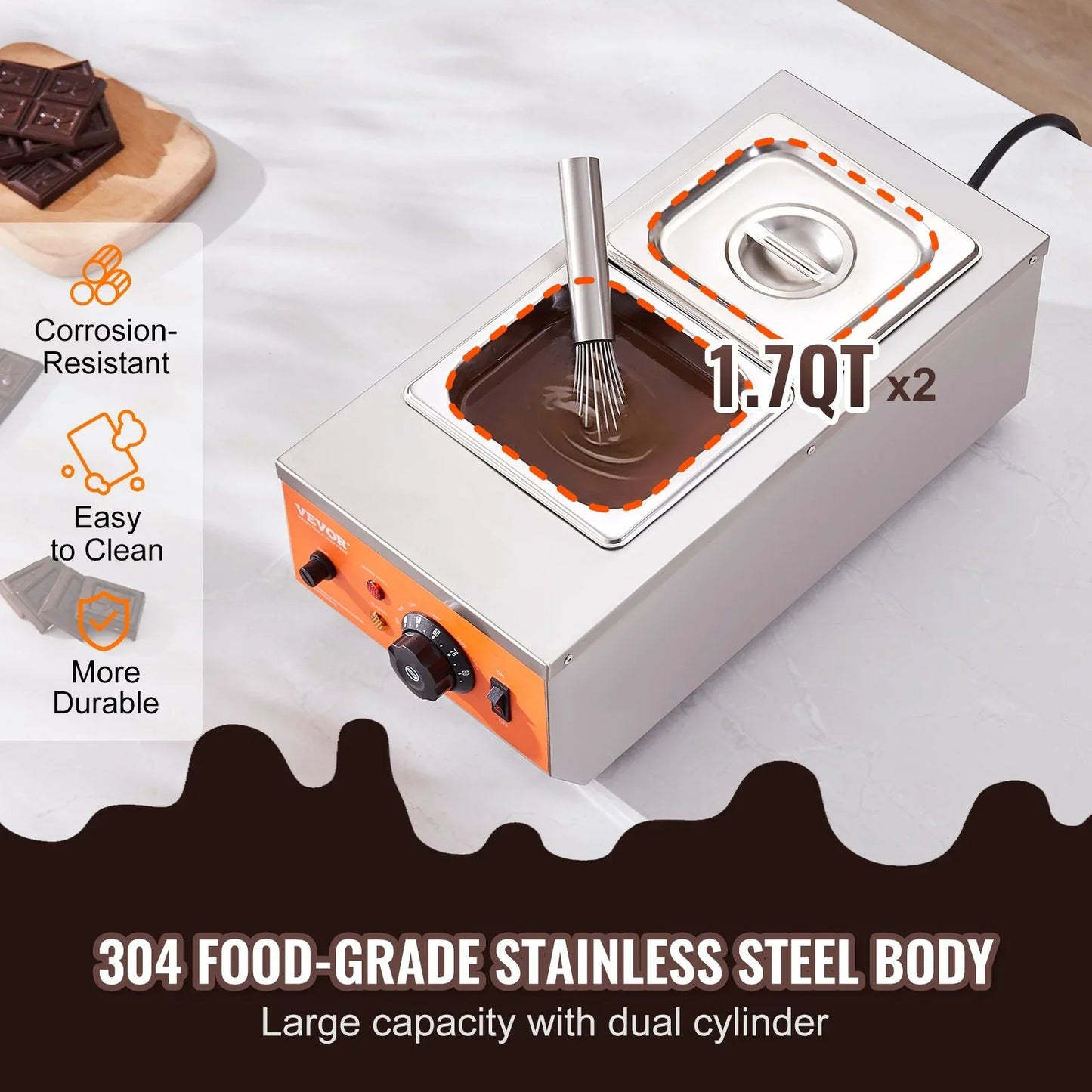 VEVOR Chocolate Tempering Machine, 2 Tanks Chocolate Melting Pot with TEMP Control, 800W Stainless Steel Electric Commercial Food Warmer For Chocolate/Milk/Cream Melting and Heating - Mekamart Australia