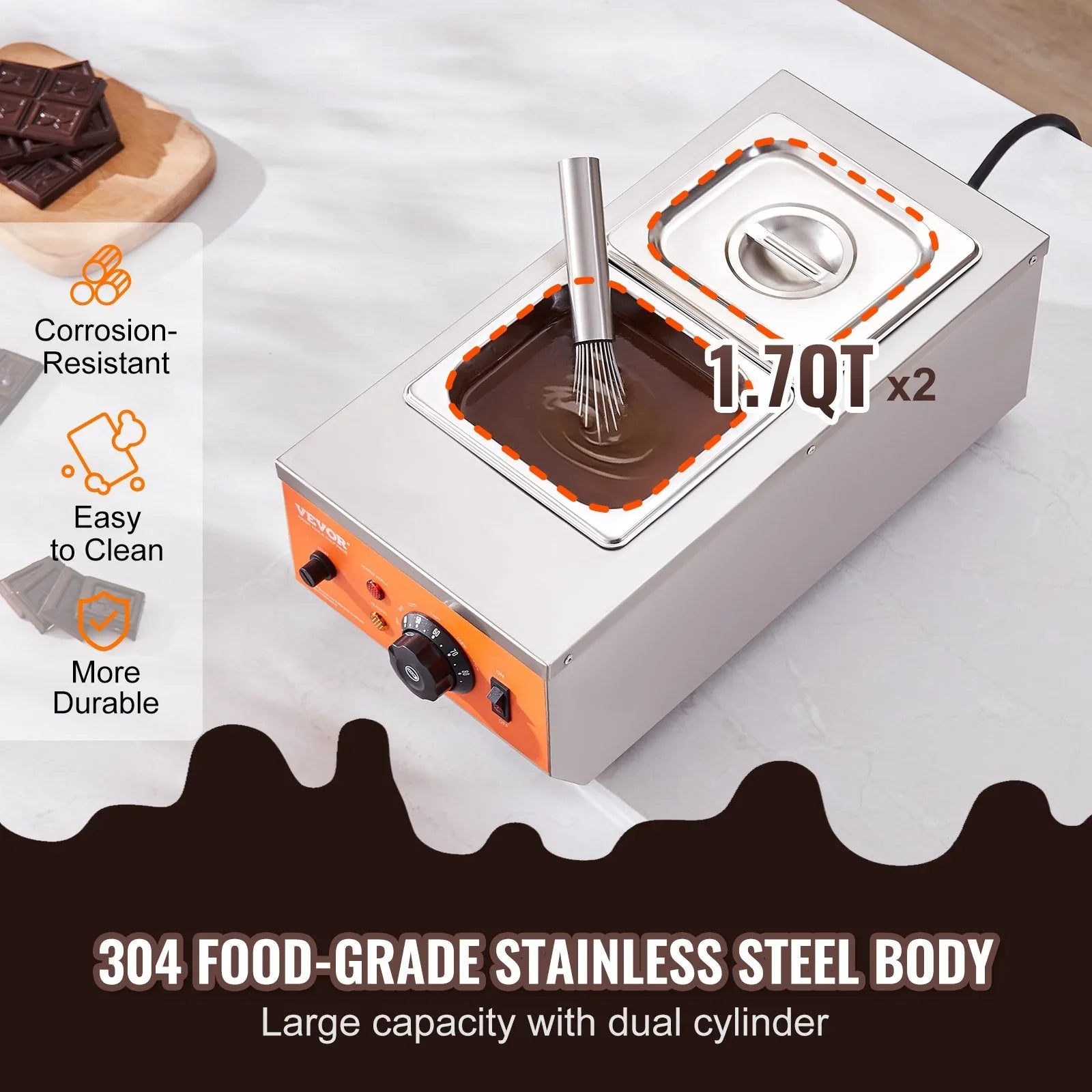 VEVOR Chocolate Tempering Machine, 2 Tanks Chocolate Melting Pot with TEMP Control, 800W Stainless Steel Electric Commercial Food Warmer For Chocolate/Milk/Cream Melting and Heating - Mekamart Australia