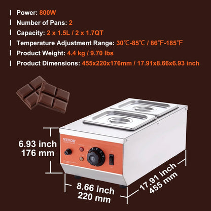 VEVOR Chocolate Tempering Machine, 2 Tanks Chocolate Melting Pot with TEMP Control, 800W Stainless Steel Electric Commercial Food Warmer For Chocolate/Milk/Cream Melting and Heating - Mekamart Australia