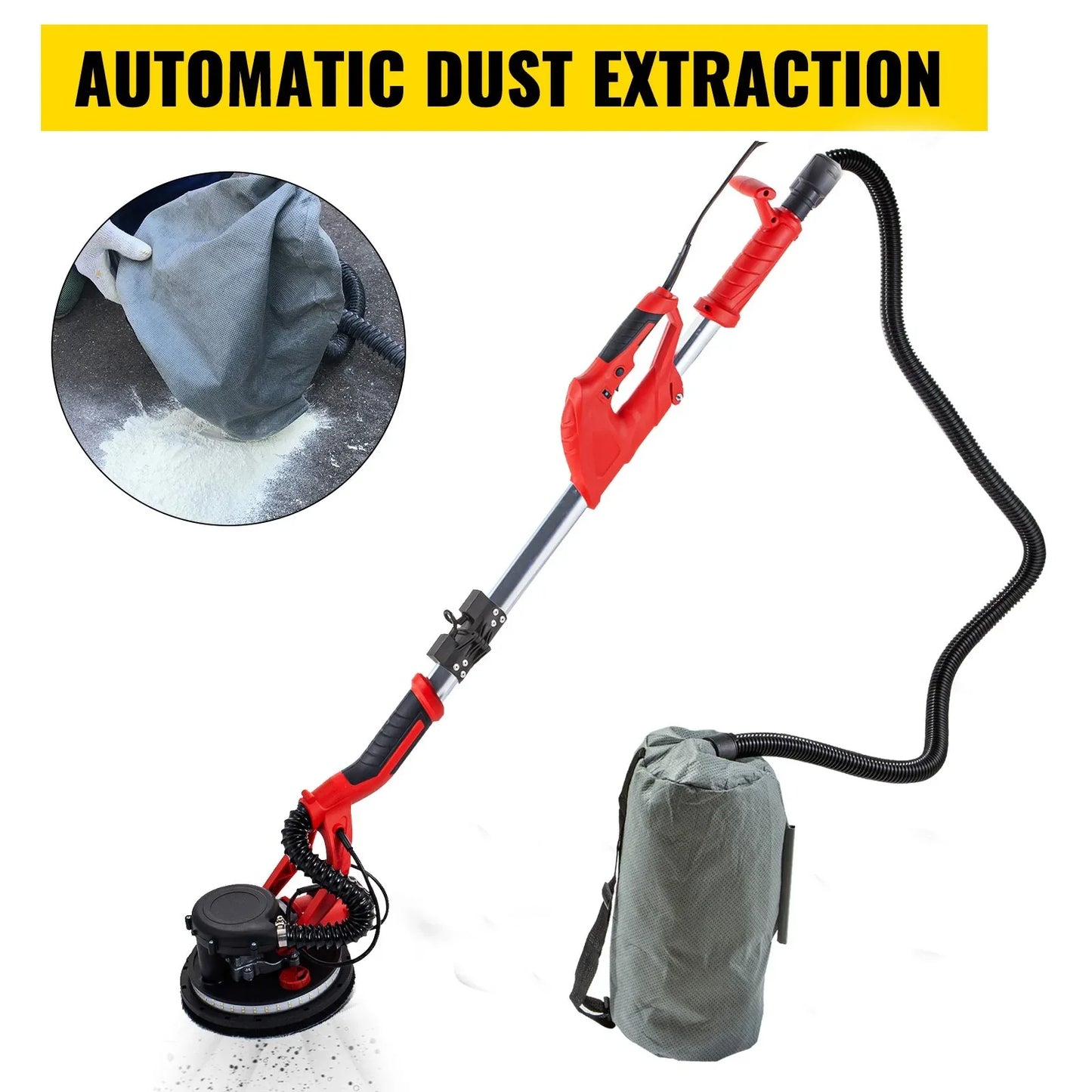 VEVOR Drywall Sander 750W, Electric Drywall Sander, Foldable Sheetrock Sander, with Telescope Handle, Electric Sander, Variable Speed 800-1750 RPM, Wall Sander, with LED Strip Light and Vacuum Bag - Mekamart Australia