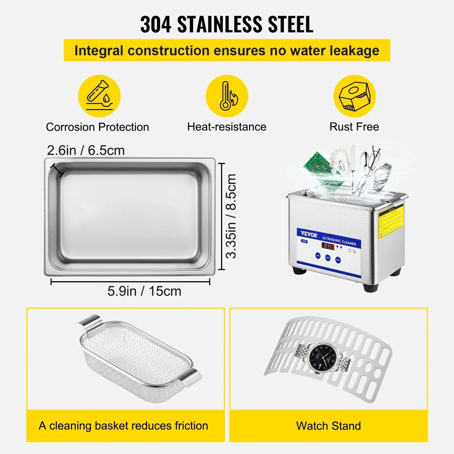 VEVOR 0.8L Professional Ultrasonic Cleaner 304 Stainless Steel Digital Lab Ultrasonic Cleaner with Timer for Jewelry Watch Glasses Circuit Board Dentures Small Parts Dental Instrument (0.8L) - Mekamart Australia