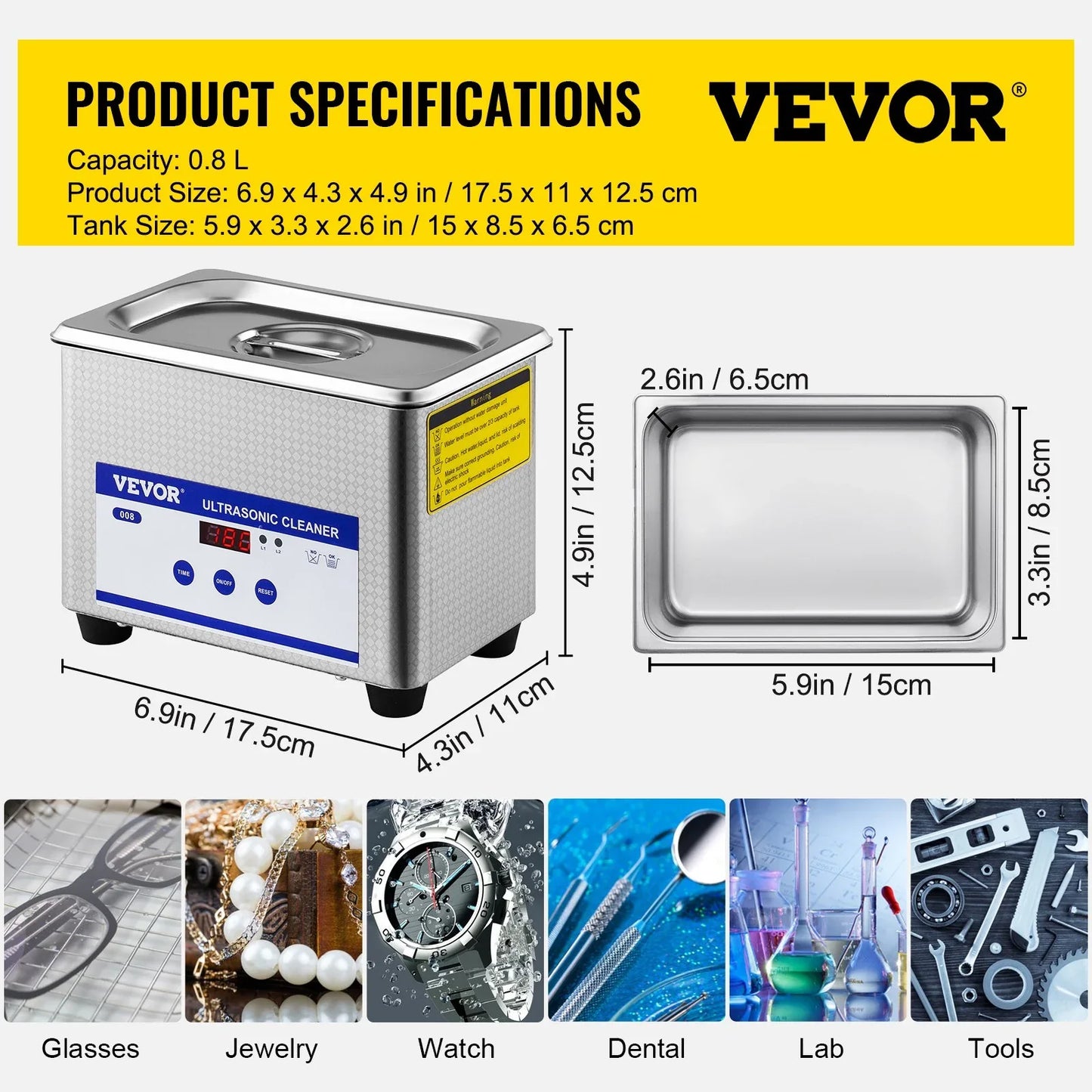 VEVOR 0.8L Professional Ultrasonic Cleaner 304 Stainless Steel Digital Lab Ultrasonic Cleaner with Timer for Jewelry Watch Glasses Circuit Board Dentures Small Parts Dental Instrument (0.8L) - Mekamart Australia