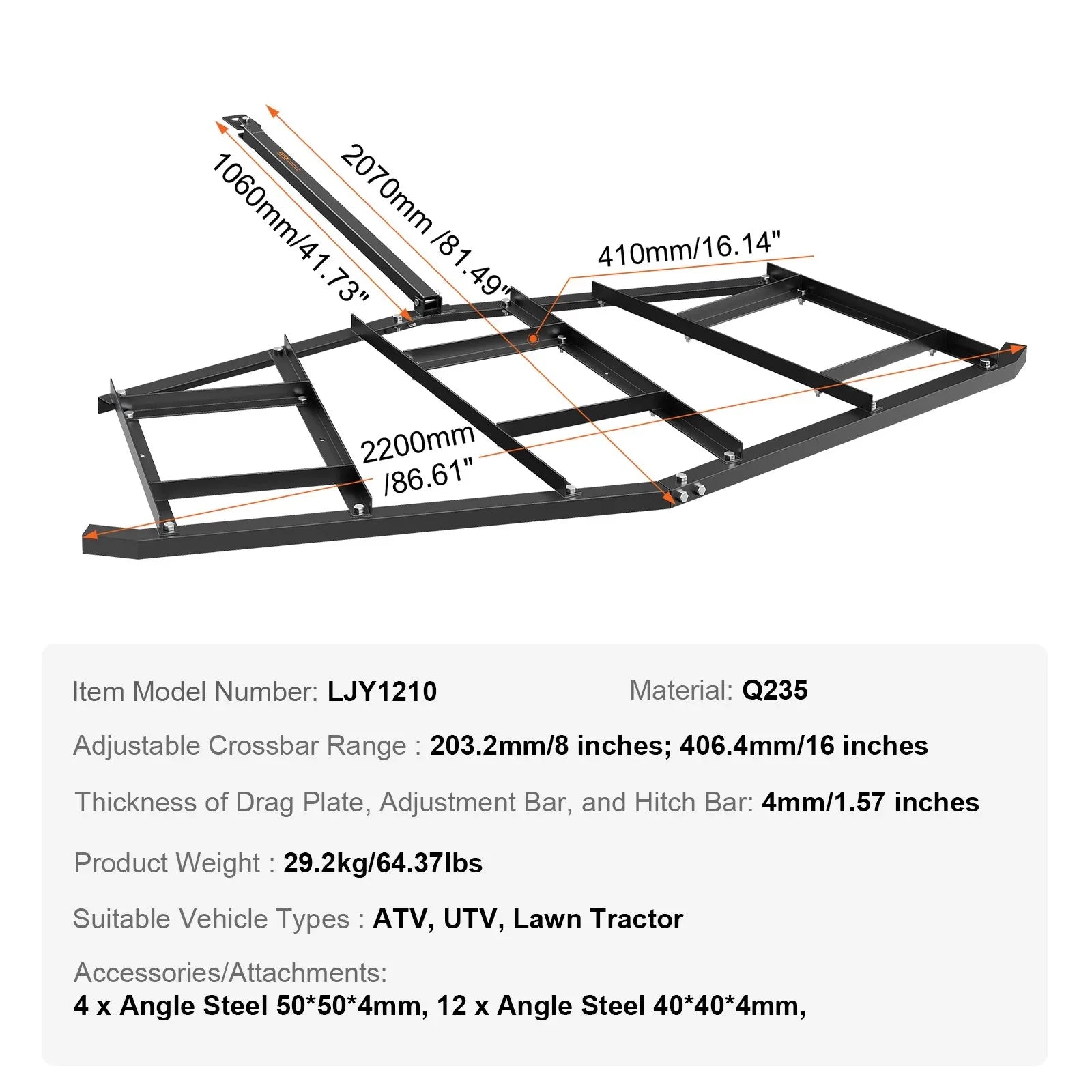 VEVOR Driveway Drag, 84" Width Tow Behind Drag Harrow, Q235 Steel Driveway Grader with Adjustable Bars, Support up to 50 lbs, Driveway Tractor Harrow for ATVs, UTVs, Garden Lawn Tractors - Mekamart Australia