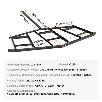 VEVOR Driveway Drag, 84" Width Tow Behind Drag Harrow, Q235 Steel Driveway Grader with Adjustable Bars, Support up to 50 lbs, Driveway Tractor Harrow for ATVs, UTVs, Garden Lawn Tractors - Mekamart Australia