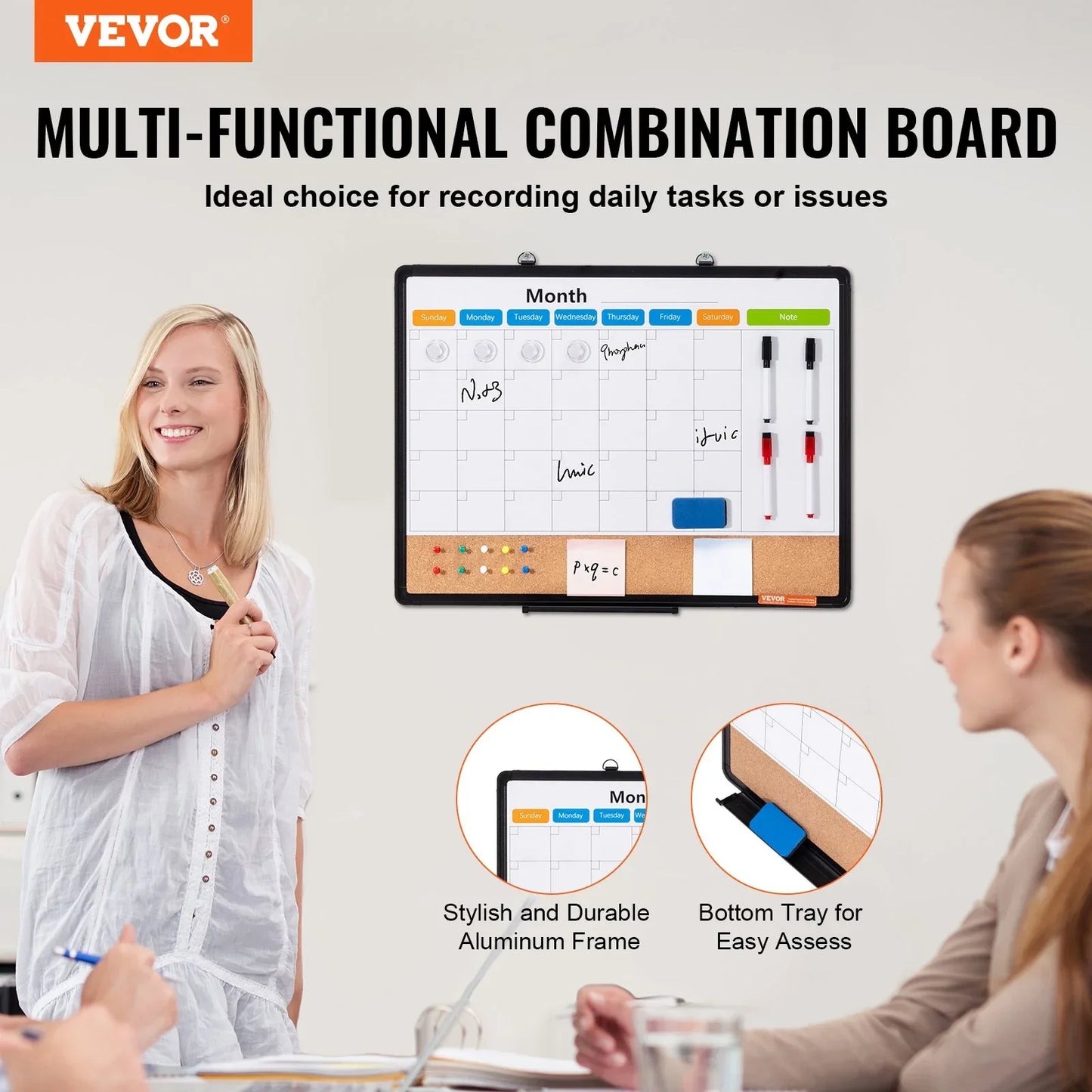VEVOR 24"x 18" Monthly Calendar Whiteboard & Cork Board Combo with Aluminum Frame – 2-in-1 Magnetic Dry Erase Bulletin Board for Wall Mount – Ideal for School, Home, Office - Mekamart Australia