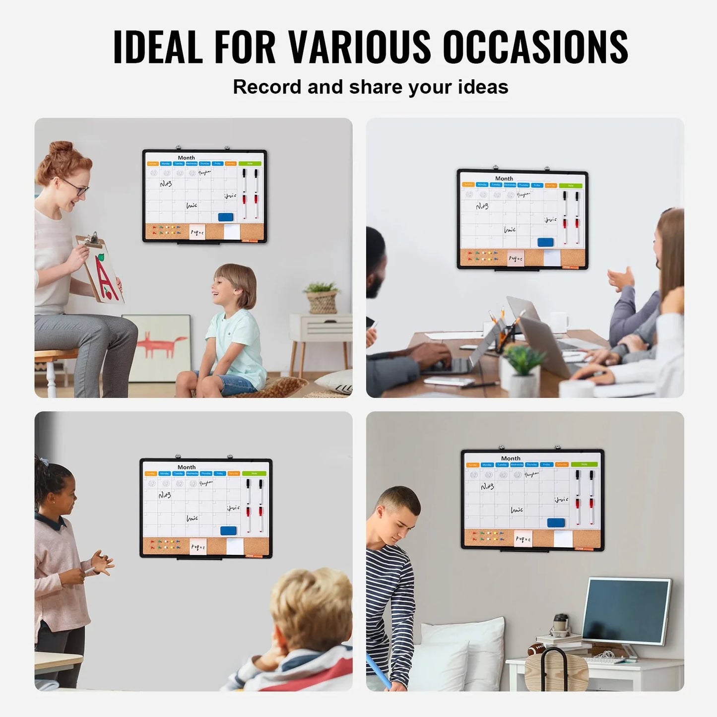 VEVOR 24"x 18" Monthly Calendar Whiteboard & Cork Board Combo with Aluminum Frame – 2-in-1 Magnetic Dry Erase Bulletin Board for Wall Mount – Ideal for School, Home, Office - Mekamart Australia
