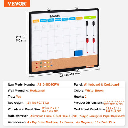 VEVOR 24"x 18" Monthly Calendar Whiteboard & Cork Board Combo with Aluminum Frame – 2-in-1 Magnetic Dry Erase Bulletin Board for Wall Mount – Ideal for School, Home, Office - Mekamart Australia