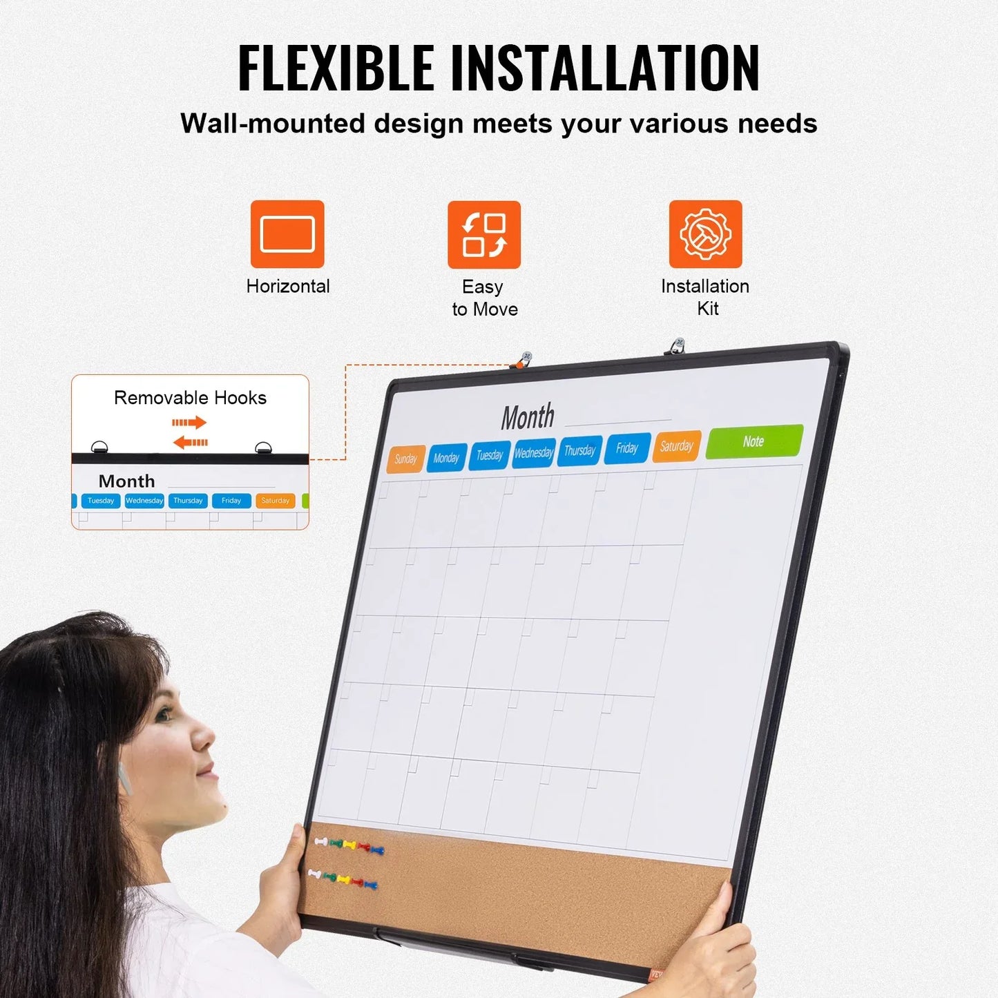 VEVOR 36"x 24" Monthly Calendar Whiteboard & Cork Board Combo with Aluminum Frame – 2-in-1 Magnetic Dry Erase Bulletin Board for Wall Mount – Ideal for School, Home, Office - Mekamart Australia