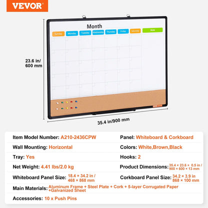 VEVOR 36"x 24" Monthly Calendar Whiteboard & Cork Board Combo with Aluminum Frame – 2-in-1 Magnetic Dry Erase Bulletin Board for Wall Mount – Ideal for School, Home, Office - Mekamart Australia