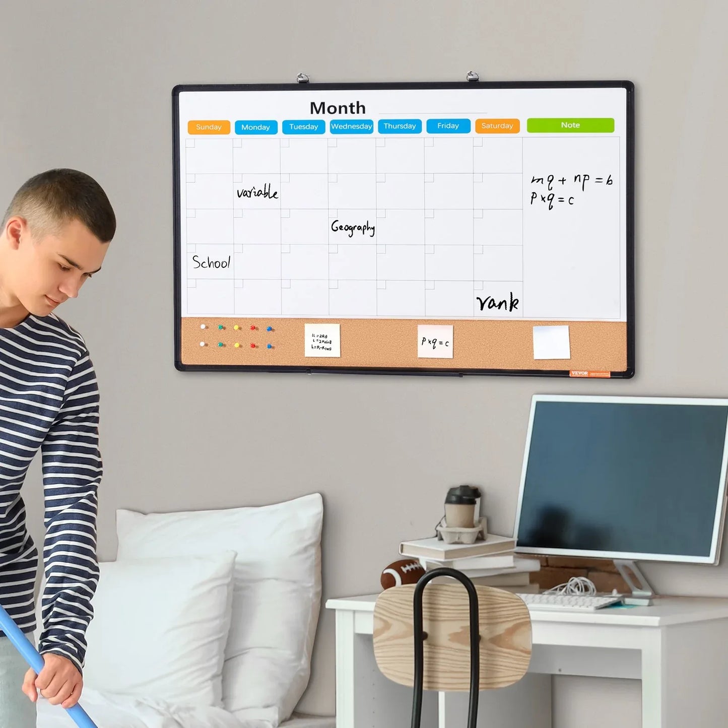 VEVOR 36"x 24" Monthly Calendar Whiteboard & Cork Board Combo with Aluminum Frame – 2-in-1 Magnetic Dry Erase Bulletin Board for Wall Mount – Ideal for School, Home, Office - Mekamart Australia