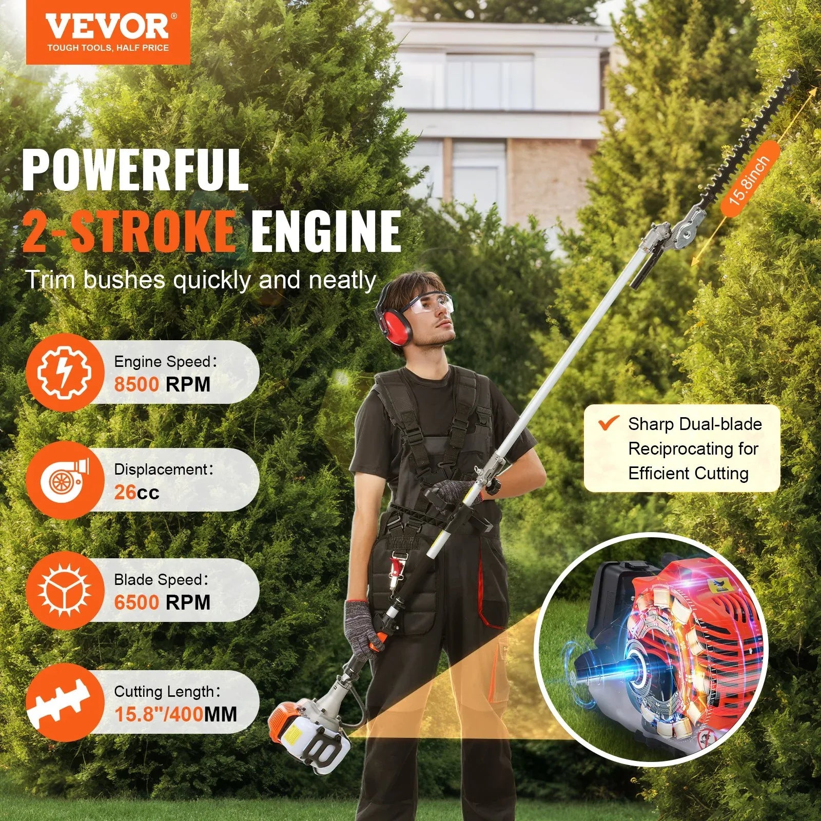 VEVOR 15.7-inch 26CC 2 Cycle Gas Hedge Trimmer, Gas Powered Pole Hedge Trimmer with Dual Sided Dual Action Blade, Adjustable Trimmer Head, Suitable for Trimming Shrubs, Bushes - Mekamart Australia