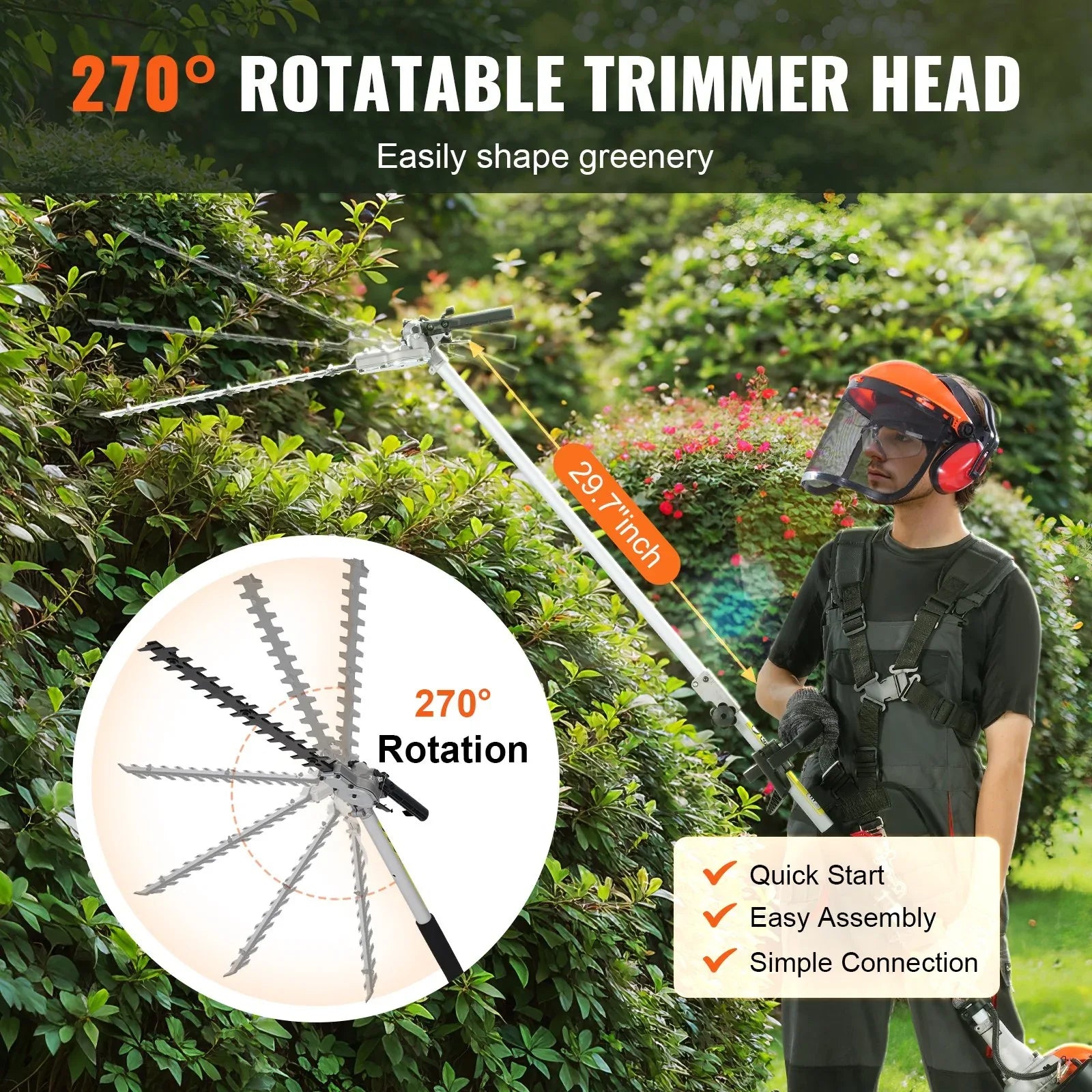VEVOR 15.7-inch 26CC 2 Cycle Gas Hedge Trimmer, Gas Powered Pole Hedge Trimmer with Dual Sided Dual Action Blade, Adjustable Trimmer Head, Suitable for Trimming Shrubs, Bushes - Mekamart Australia