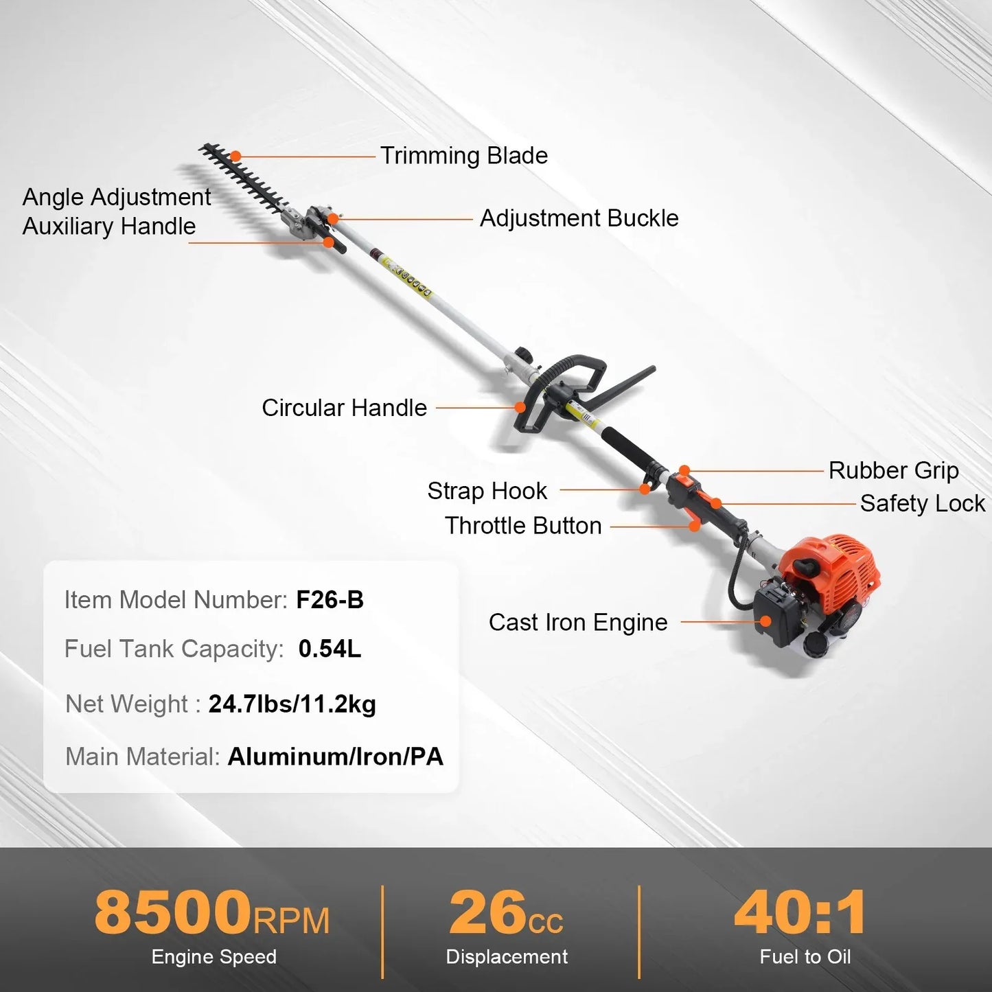 VEVOR 15.7-inch 26CC 2 Cycle Gas Hedge Trimmer, Gas Powered Pole Hedge Trimmer with Dual Sided Dual Action Blade, Adjustable Trimmer Head, Suitable for Trimming Shrubs, Bushes - Mekamart Australia