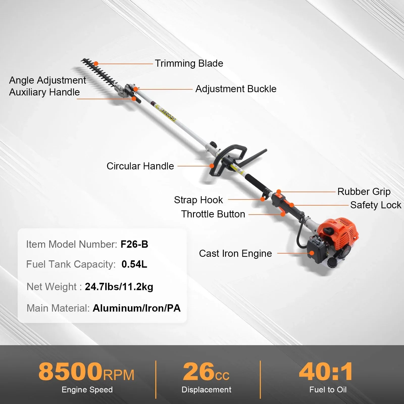VEVOR 15.7-inch 26CC 2 Cycle Gas Hedge Trimmer, Gas Powered Pole Hedge Trimmer with Dual Sided Dual Action Blade, Adjustable Trimmer Head, Suitable for Trimming Shrubs, Bushes - Mekamart Australia