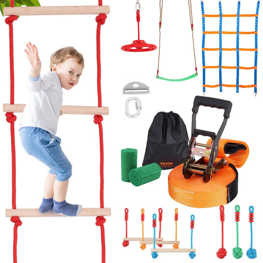 VEVOR Ninja Warrior Obstacle Course for Kids, 15.24 m Weatherproof Slacklines, 500lbs Weight Capacity Monkey Line, Outdoor Playset Equipment, Backyard Toys Training Equipment Set with 10 Obstacles - Mekamart Australia