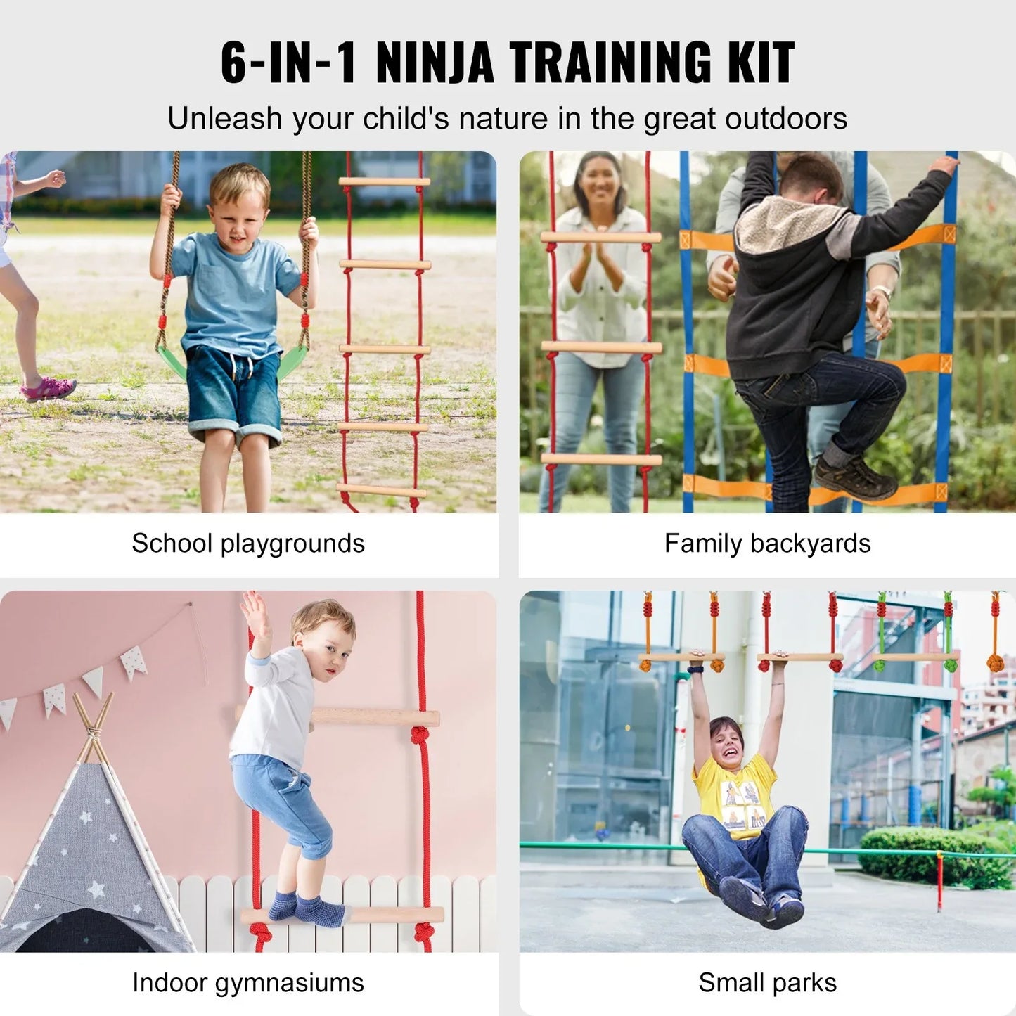 VEVOR Ninja Warrior Obstacle Course for Kids, 15.24 m Weatherproof Slacklines, 500lbs Weight Capacity Monkey Line, Outdoor Playset Equipment, Backyard Toys Training Equipment Set with 10 Obstacles - Mekamart Australia