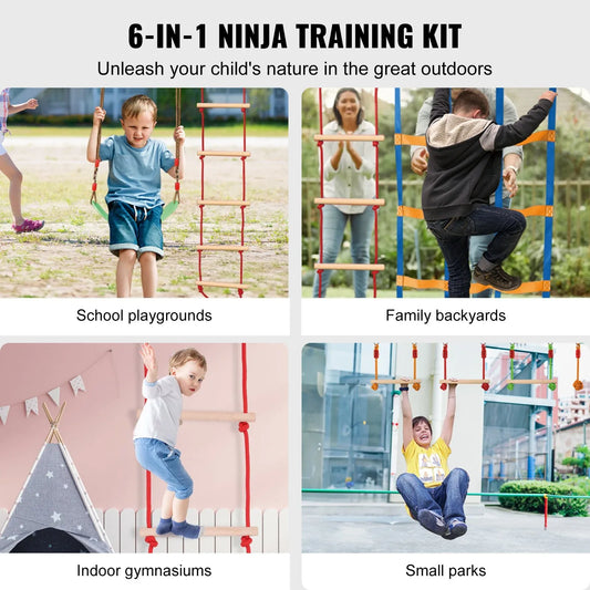VEVOR Ninja Warrior Obstacle Course for Kids, 15.24 m Weatherproof Slacklines, 500lbs Weight Capacity Monkey Line, Outdoor Playset Equipment, Backyard Toys Training Equipment Set with 10 Obstacles - Mekamart Australia