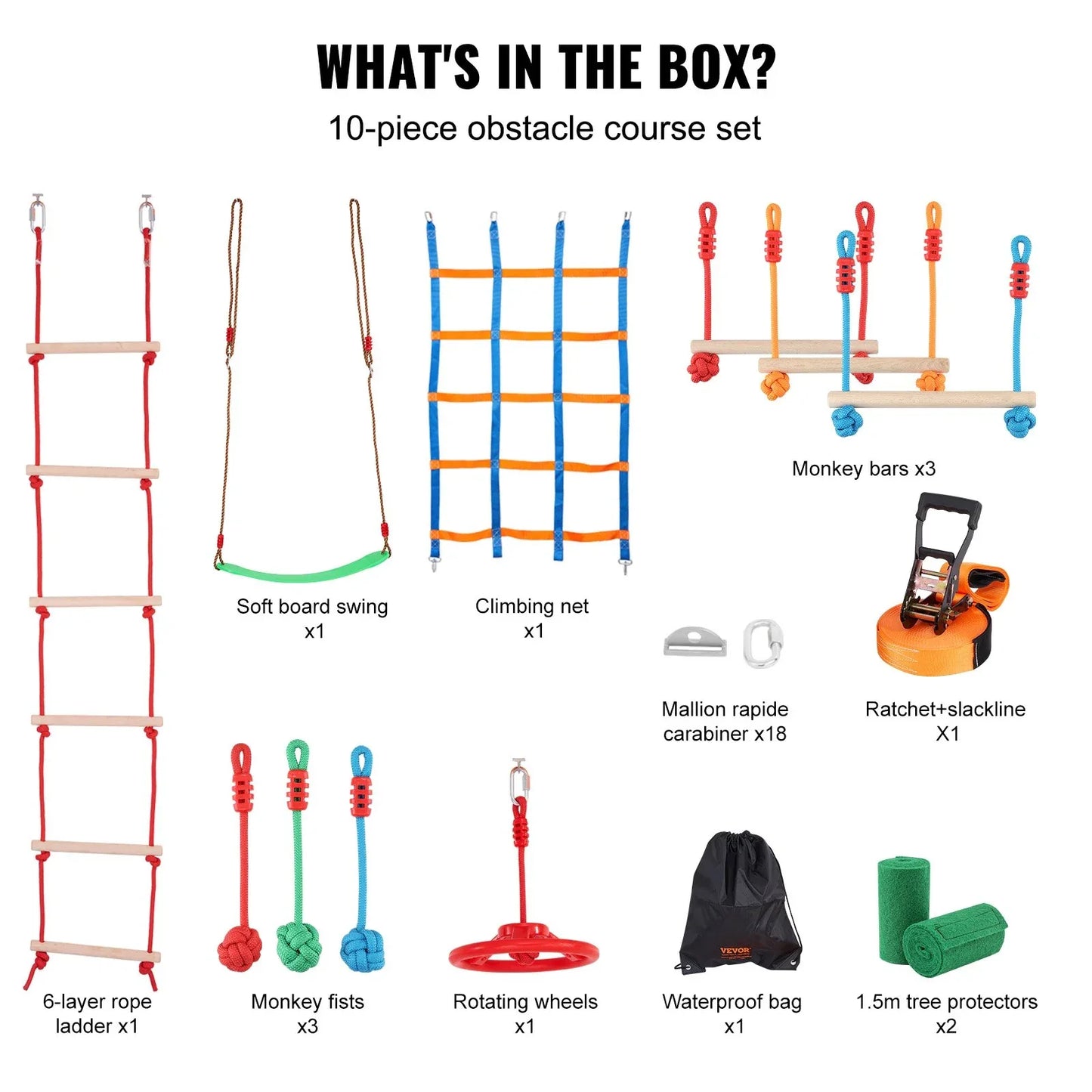 VEVOR Ninja Warrior Obstacle Course for Kids, 15.24 m Weatherproof Slacklines, 500lbs Weight Capacity Monkey Line, Outdoor Playset Equipment, Backyard Toys Training Equipment Set with 10 Obstacles - Mekamart Australia
