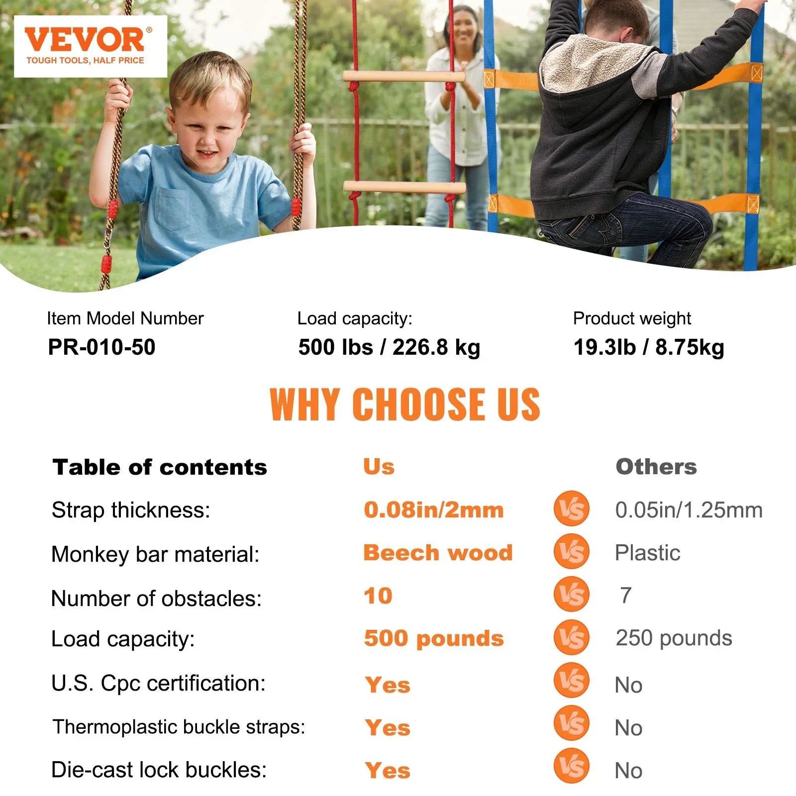 VEVOR Ninja Warrior Obstacle Course for Kids, 15.24 m Weatherproof Slacklines, 500lbs Weight Capacity Monkey Line, Outdoor Playset Equipment, Backyard Toys Training Equipment Set with 10 Obstacles - Mekamart Australia