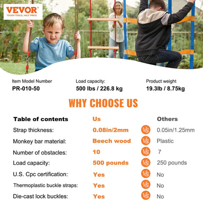 VEVOR Ninja Warrior Obstacle Course for Kids, 15.24 m Weatherproof Slacklines, 500lbs Weight Capacity Monkey Line, Outdoor Playset Equipment, Backyard Toys Training Equipment Set with 10 Obstacles - Mekamart Australia