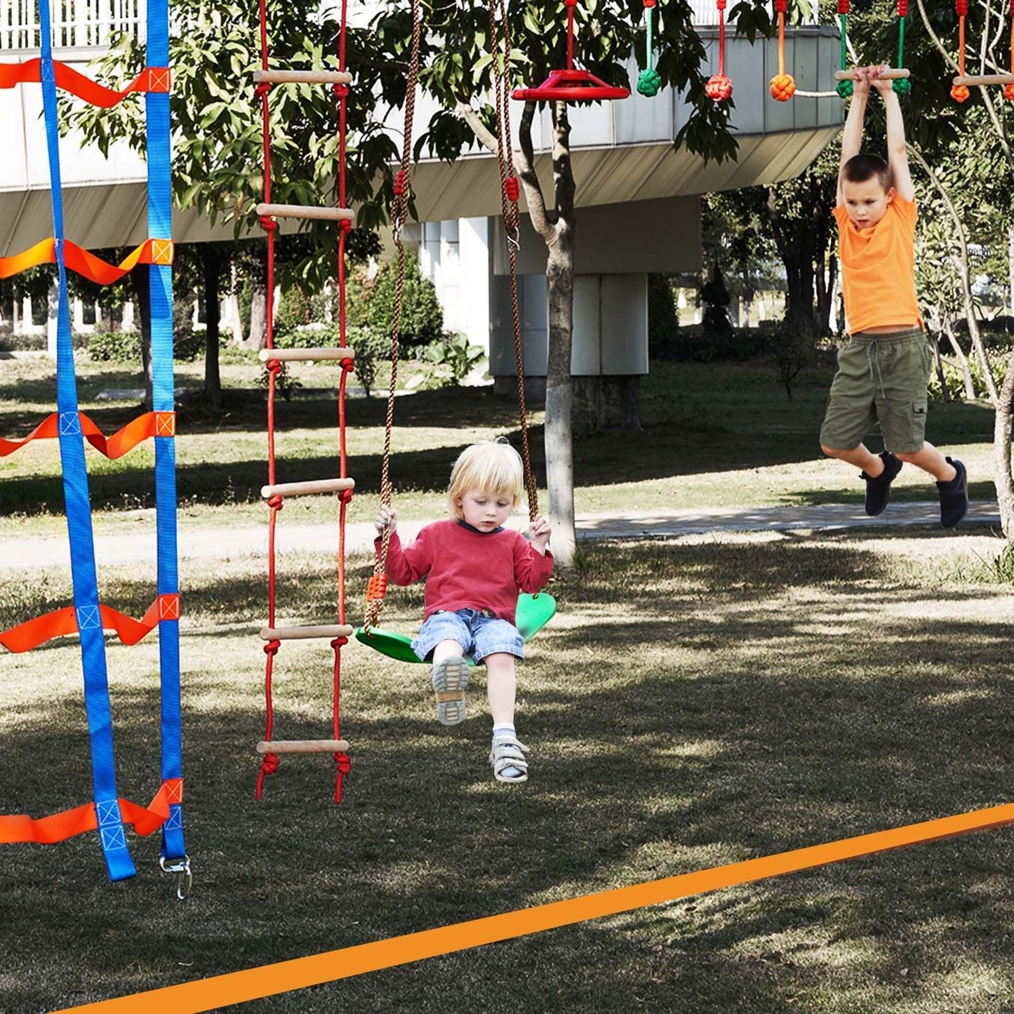 VEVOR Ninja Warrior Obstacle Course for Kids, 15.24 m Weatherproof Slacklines, 500lbs Weight Capacity Monkey Line, Outdoor Playset Equipment, Backyard Toys Training Equipment Set with 10 Obstacles - Mekamart Australia