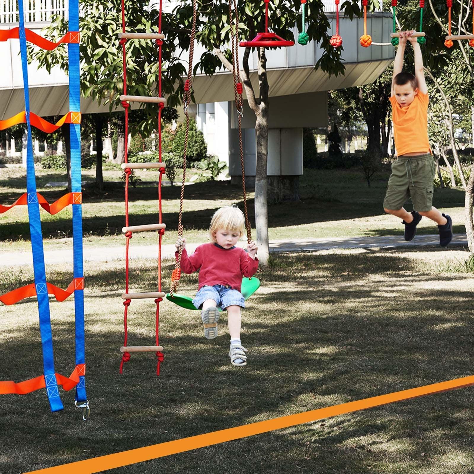 VEVOR Ninja Warrior Obstacle Course for Kids, 15.24 m Weatherproof Slacklines, 500lbs Weight Capacity Monkey Line, Outdoor Playset Equipment, Backyard Toys Training Equipment Set with 10 Obstacles - Mekamart Australia