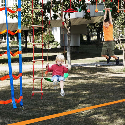 VEVOR Ninja Warrior Obstacle Course for Kids, 15.24 m Weatherproof Slacklines, 500lbs Weight Capacity Monkey Line, Outdoor Playset Equipment, Backyard Toys Training Equipment Set with 10 Obstacles - Mekamart Australia