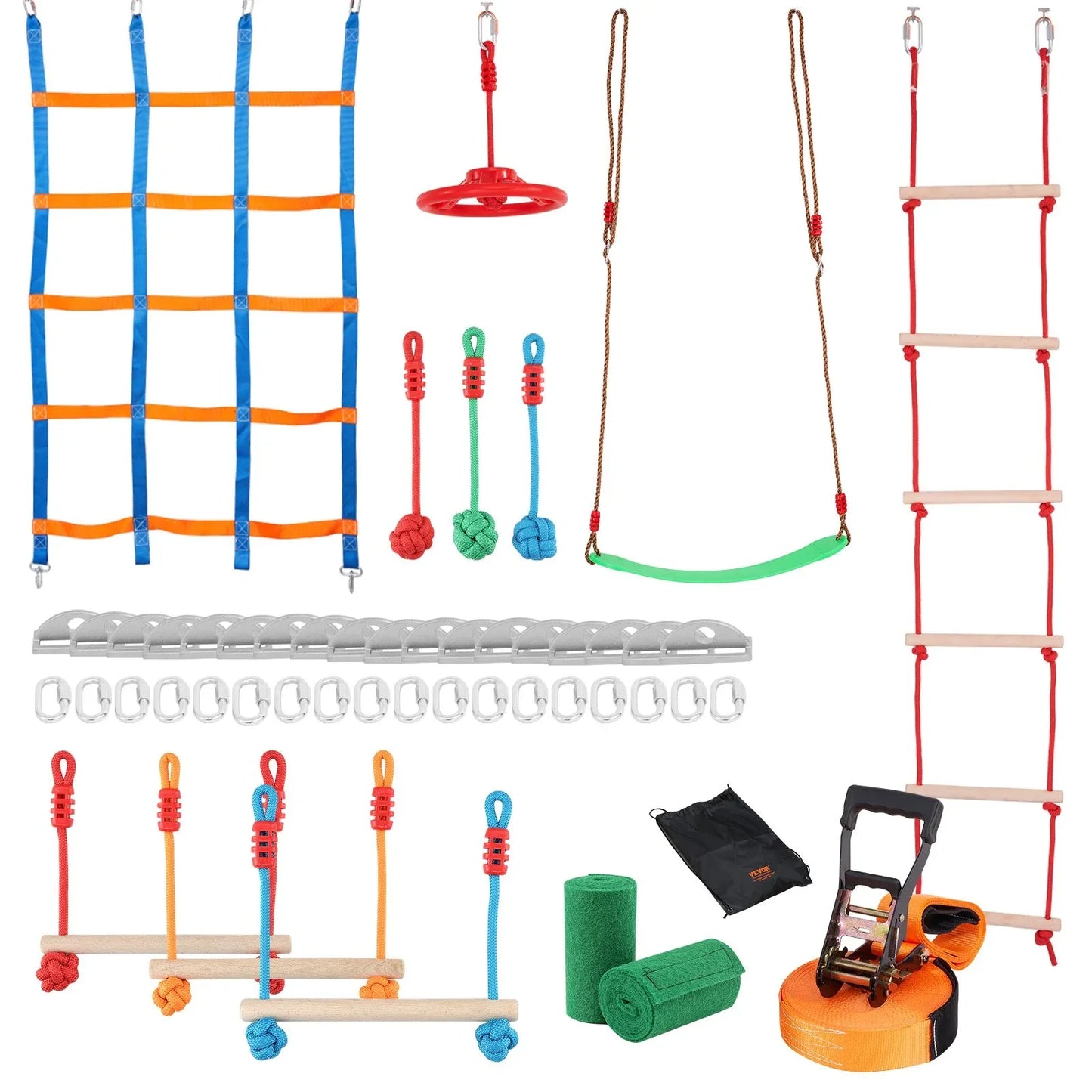 VEVOR Ninja Warrior Obstacle Course for Kids, 15.24 m Weatherproof Slacklines, 500lbs Weight Capacity Monkey Line, Outdoor Playset Equipment, Backyard Toys Training Equipment Set with 10 Obstacles - Mekamart Australia