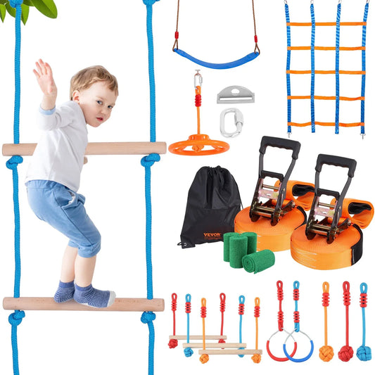 VEVOR Ninja Warrior Obstacle Course for Kids, 2 x 17m Weatherproof Slacklines, 227kg Weight Capacity Monkey Line, Outdoor Playset Equipment, Backyard Toys Training Equipment Set with 12 Obstacles - Mekamart Australia