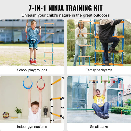 VEVOR Ninja Warrior Obstacle Course for Kids, 2 x 17m Weatherproof Slacklines, 227kg Weight Capacity Monkey Line, Outdoor Playset Equipment, Backyard Toys Training Equipment Set with 12 Obstacles - Mekamart Australia