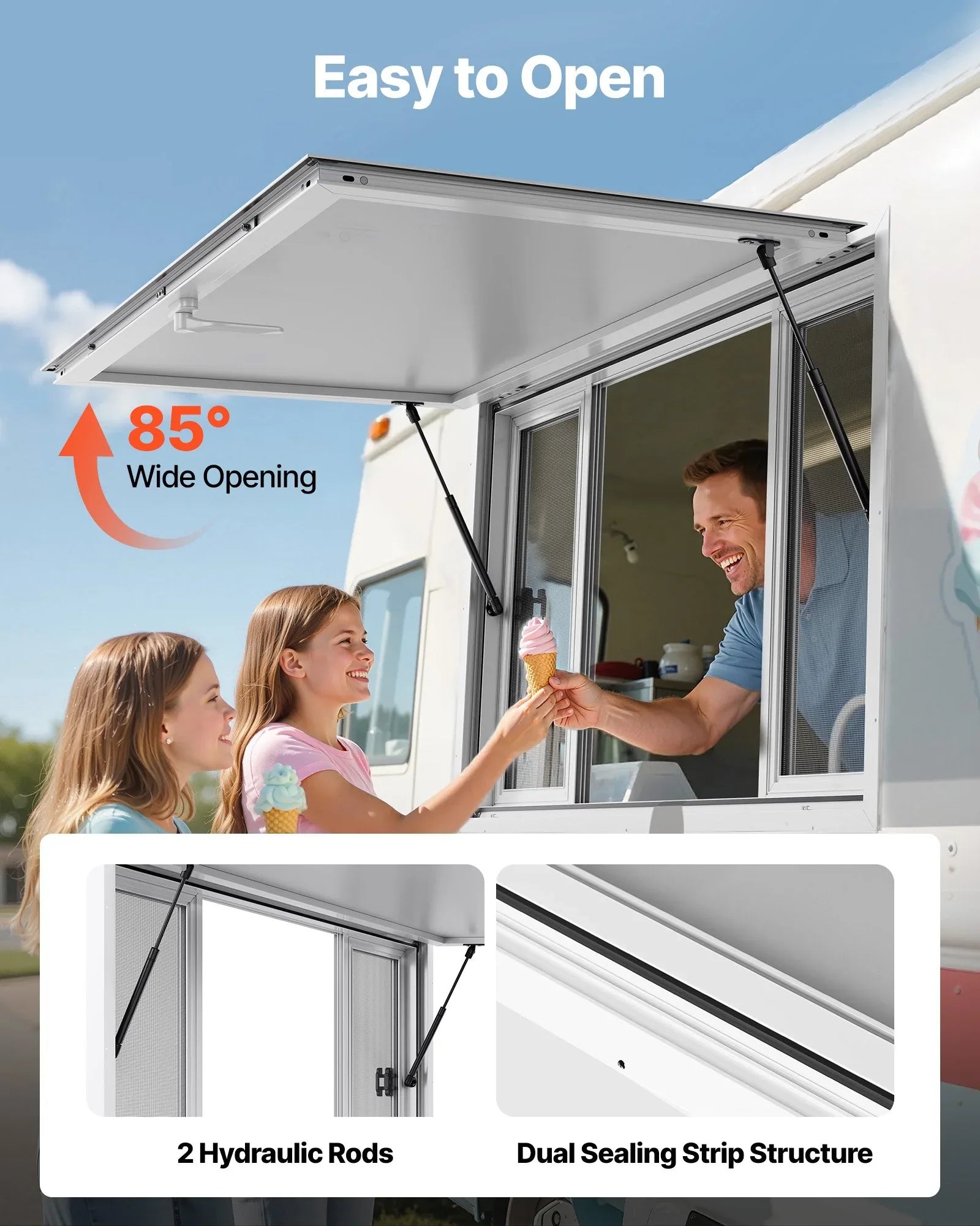 VEVOR Concession Window 1346x838 mm, Aluminum Alloy Service Window for Food Truck, Up to 85 Degrees Stand Serving Window with 4 Sliding Windows, Awning Door, and Drag Hook, for Concession Trailers - Mekamart Australia