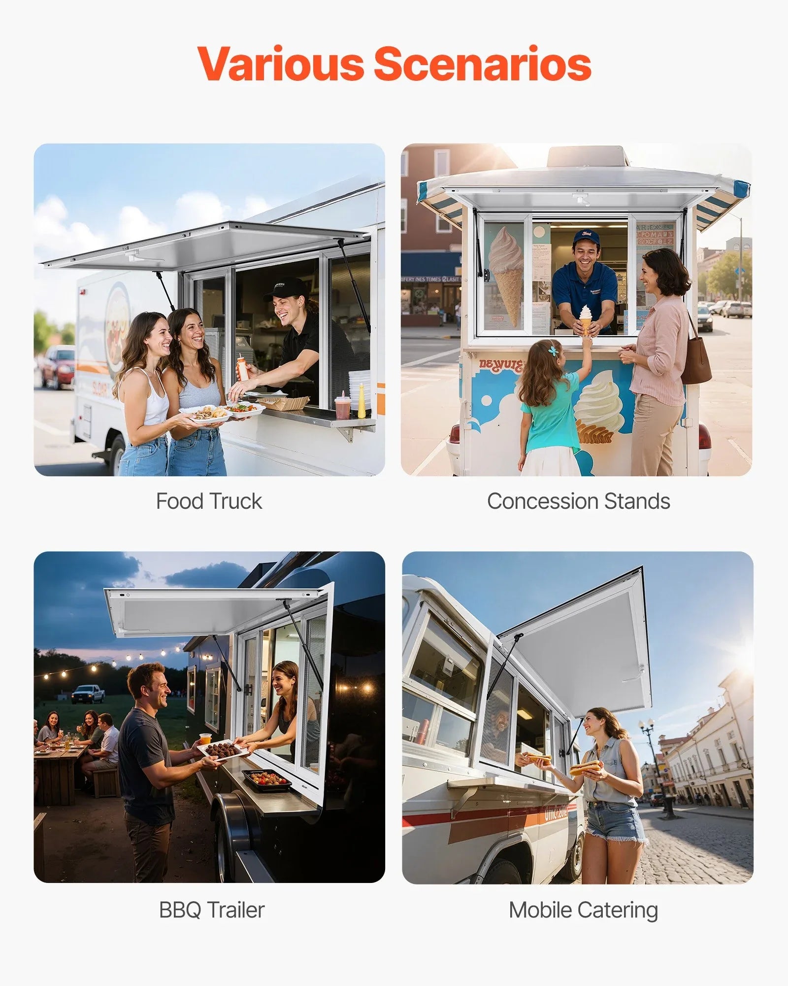 VEVOR Concession Window 1346x838 mm, Aluminum Alloy Service Window for Food Truck, Up to 85 Degrees Stand Serving Window with 4 Sliding Windows, Awning Door, and Drag Hook, for Concession Trailers - Mekamart Australia