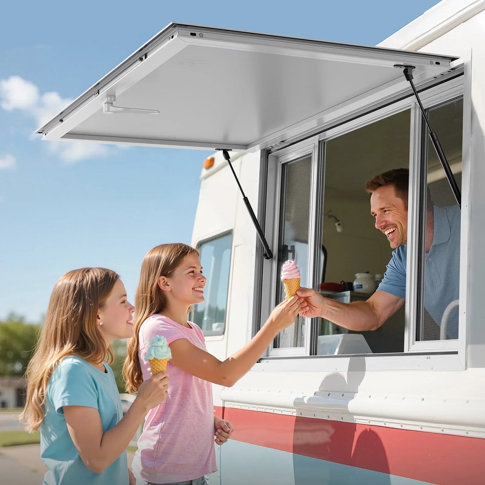 VEVOR Concession Window 1346x838 mm, Aluminum Alloy Service Window for Food Truck, Up to 85 Degrees Stand Serving Window with 4 Sliding Windows, Awning Door, and Drag Hook, for Concession Trailers - Mekamart Australia