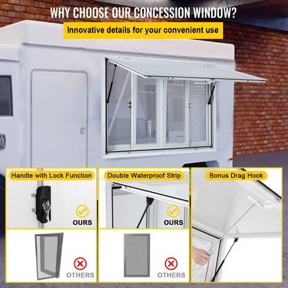 VEVOR Concession Window, 91.4 x 91.4 cm Aluminum Alloy Food Truck Service Window with 4 Horizontal Sliding Screen Windows & Awning Door & Drag Hook, Serving Window for Food Trucks Concession Trailers - Mekamart Australia