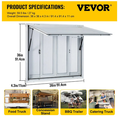 VEVOR Concession Window, 91.4 x 91.4 cm Aluminum Alloy Food Truck Service Window with 4 Horizontal Sliding Screen Windows & Awning Door & Drag Hook, Serving Window for Food Trucks Concession Trailers - Mekamart Australia