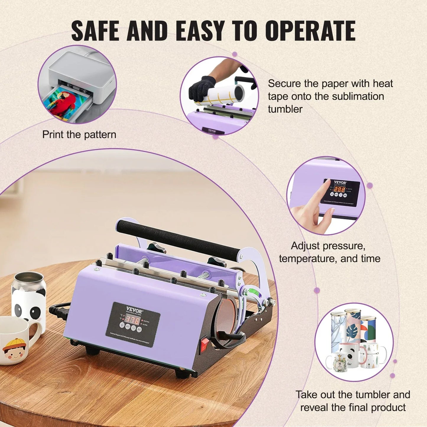 VEVOR Tumbler Heat Press Machine 11-30oz Mug Press Sublimation Tumblers Purple - Mekamart Australia